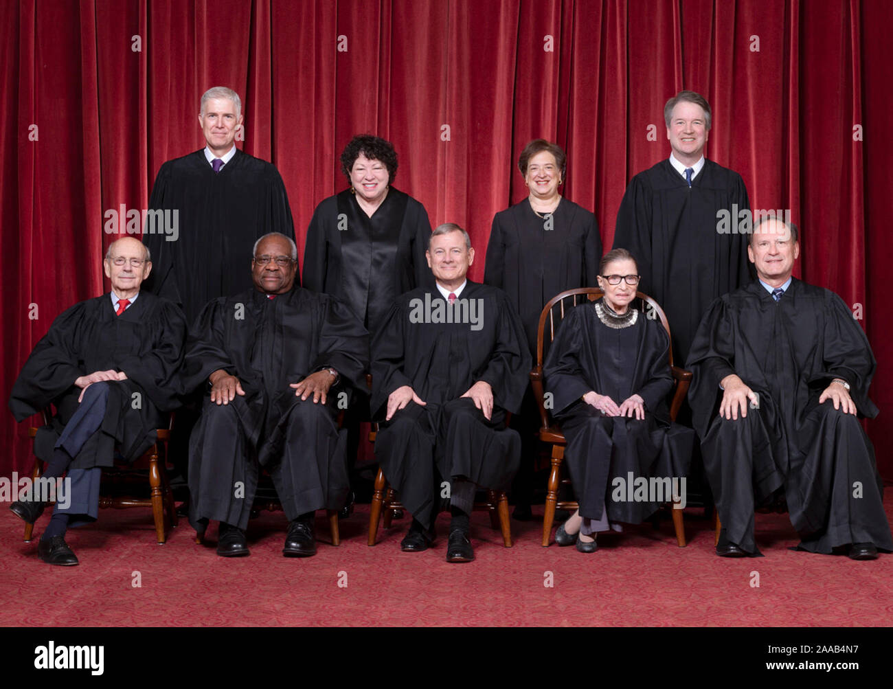 The Roberts Court, November 30, 2018. Seated, from left to right: Justices Stephen G. Breyer and Clarence Thomas, Chief Justice John G. Roberts, Jr., and Justices Ruth Bader Ginsburg and Samuel A. Alito. Standing, from left to right: Justices Neil M. Gorsuch, Sonia Sotomayor, Elena Kagan, and Brett M. Kavanaugh. Stock Photo