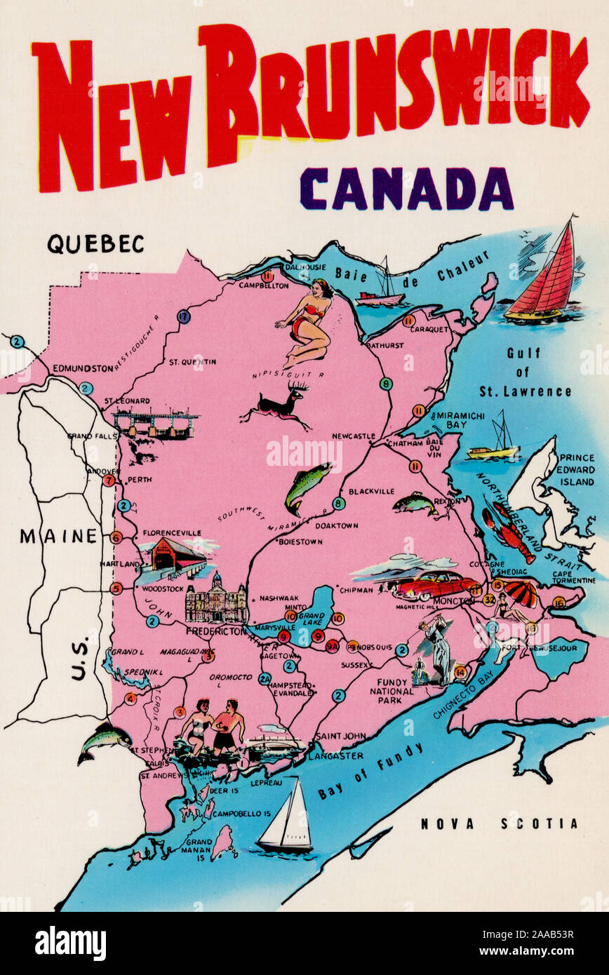 Map of New Brunswick Canada, vintage postcard. Stock Photo