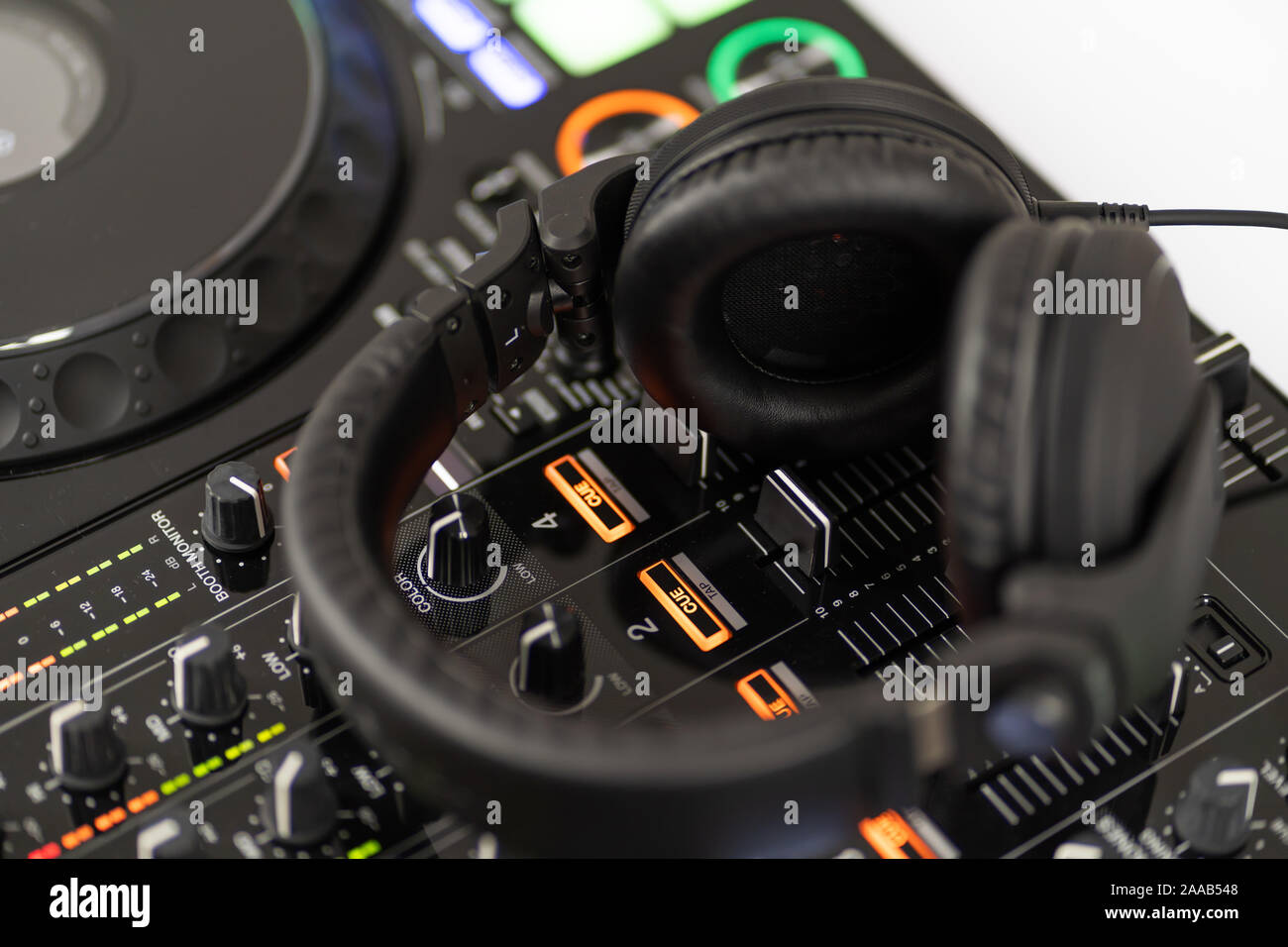 Party dj headphones with powerful bass.Equipment for jockey digital cd player