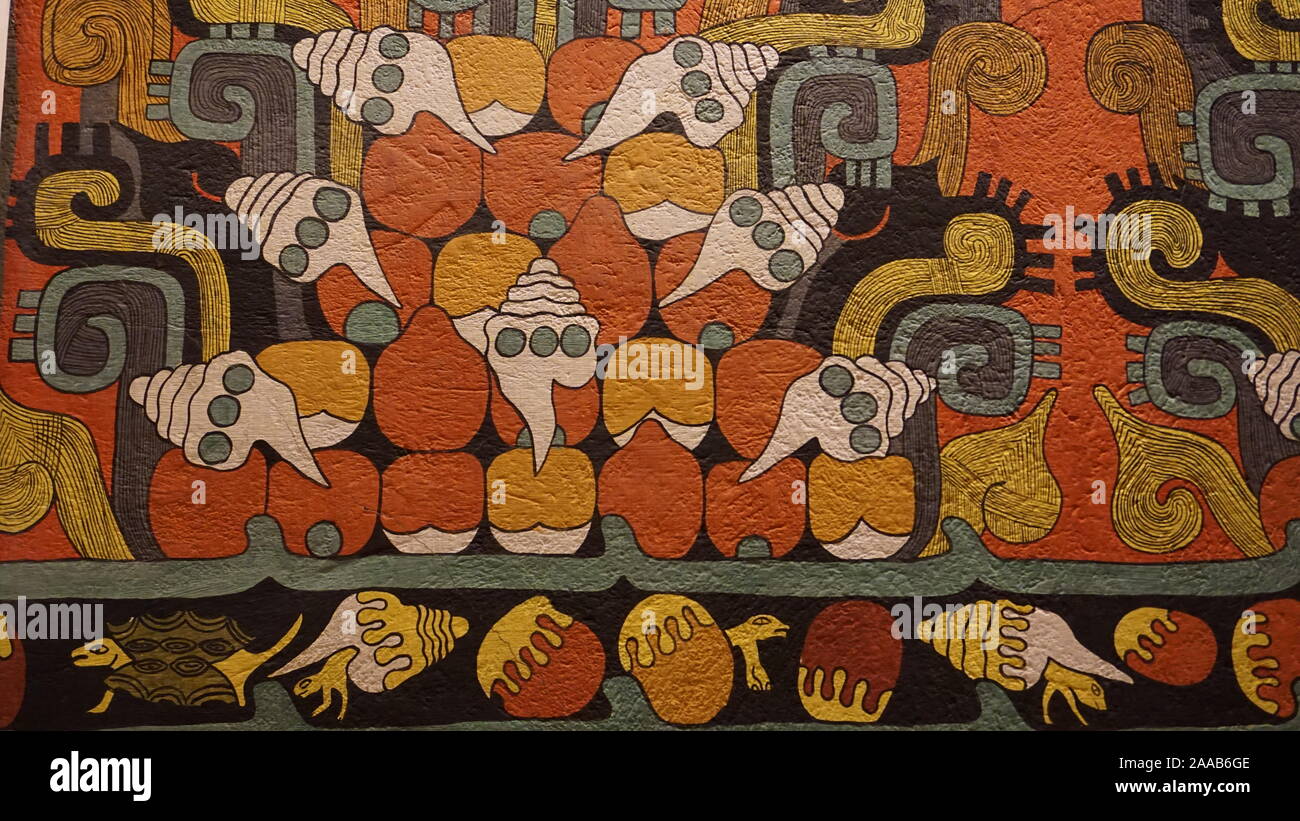 Ancient Mayan wall painting depicting sea shells in the National Museum of Anthropology (Museo Nacional de Antropología), Mexico City, Mexico. Stock Photo