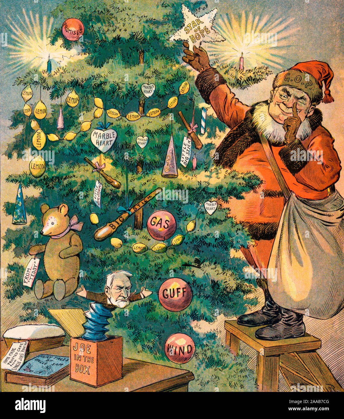 Trimming the Filipino's Christmas tree - Illustration shows Chauncey M. Depew as Santa Claus labeled G.O.P., reaching to place the Star of Hope on top of a Christmas tree trimmed with lemons, marble hearts, Little Big Stick and Big Stick and three balloons labeled Gas, Guff, and Wind, and on a nearby table is Joseph Cannon as a Joe in the Box along with a Home made frosted cake from Uncle Joe's Pantry. Political Cartoon, 1906 Stock Photo