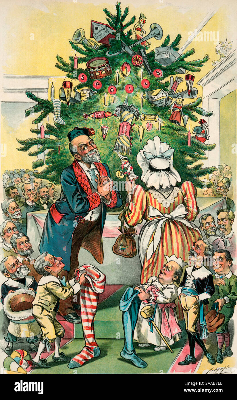 The Republican Christmas tree - Print shows a large Christmas tree decorated with ornaments labeled with political offices and presidential appointments; Thomas C. Platt and Matthew S. Quay, who is dressed as a woman, are standing in front of the tree and in queues on both sides are diminutive figures anxiously awaiting their presents, among them are, from r. to l., Jerry Simpson, Joseph B. Foraker, William E. Chandler, William McKinley, Whitelaw Reid, Thomas B. Reed, Levi P. Morton, Benjamin Harrison, William B. Allison, George F. Hoar, John Sherman, Chauncey M. Depew, and Robert T. Lincoln. Stock Photo