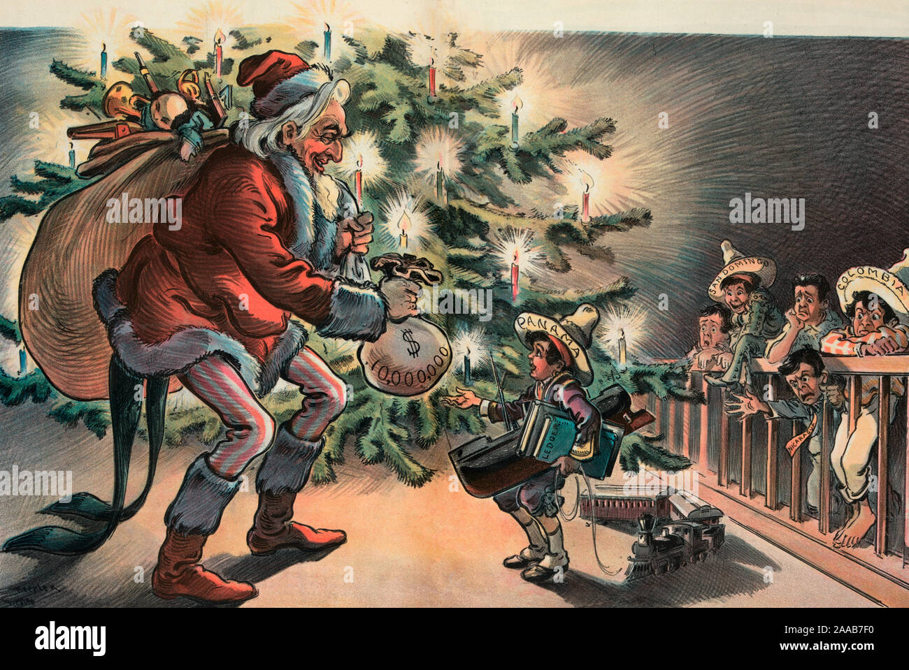 Christmas on the Isthmus -  Illustration shows Uncle Sam as Santa Claus with his bag of toys, handing a bag of money labeled $10,000,000 to a little boy wearing a hat labeled Panama and holding a huge ship, some books, one labeled Ledger, and towing a model railroad. There is a railing on the right that divides the space into an area with a Christmas tree and an area without; hanging on the railing, looking in, are five boys labeled Colombia, Nicaragua, Venezuela, and San Domingo who are depressed and possibly angered that Santa Claus/Uncle Sam has nothing for them. Political Cartoon, 1903 Stock Photo