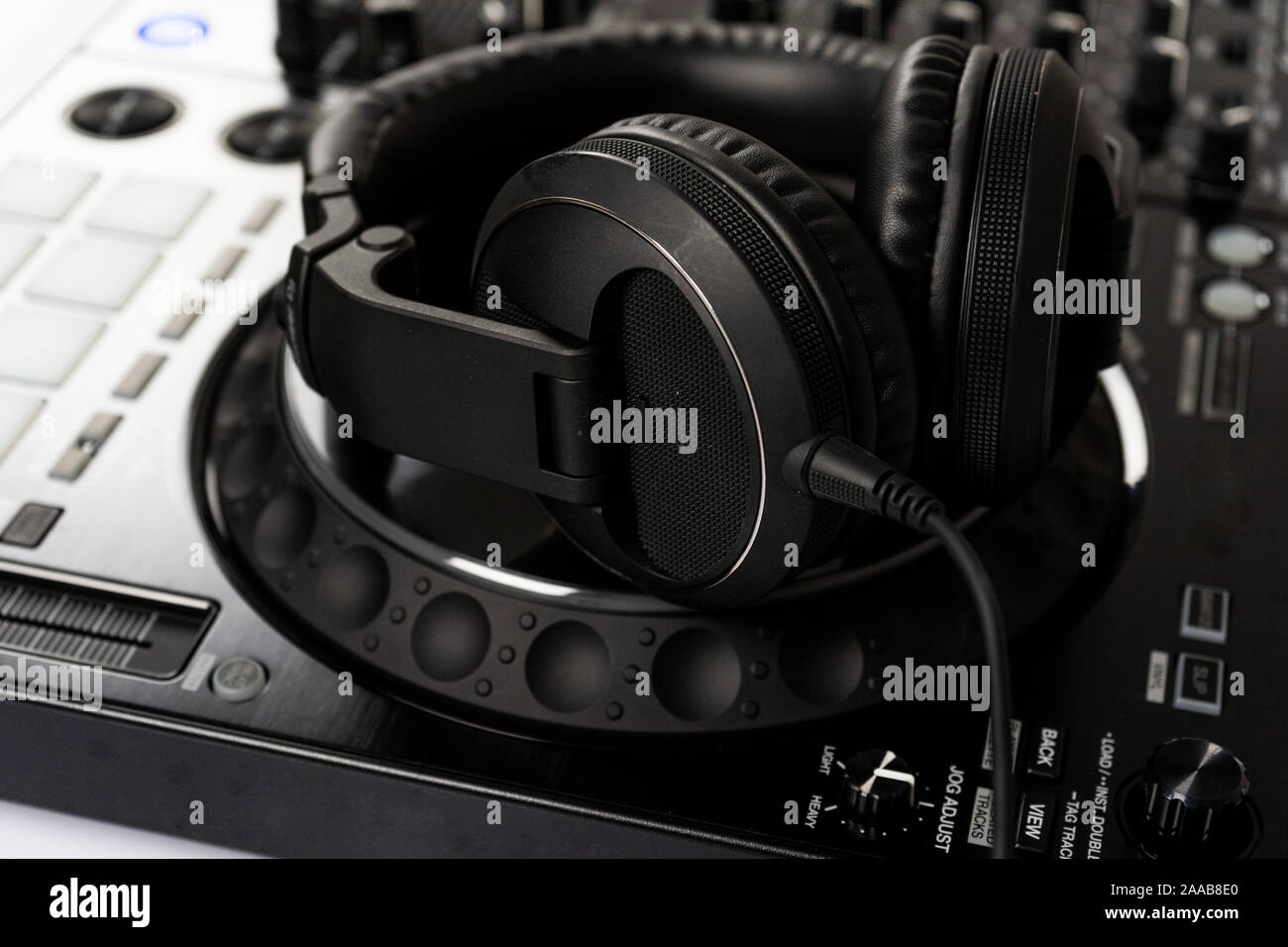 Party dj headphones with powerful bass.Equipment for jockey digital cd player