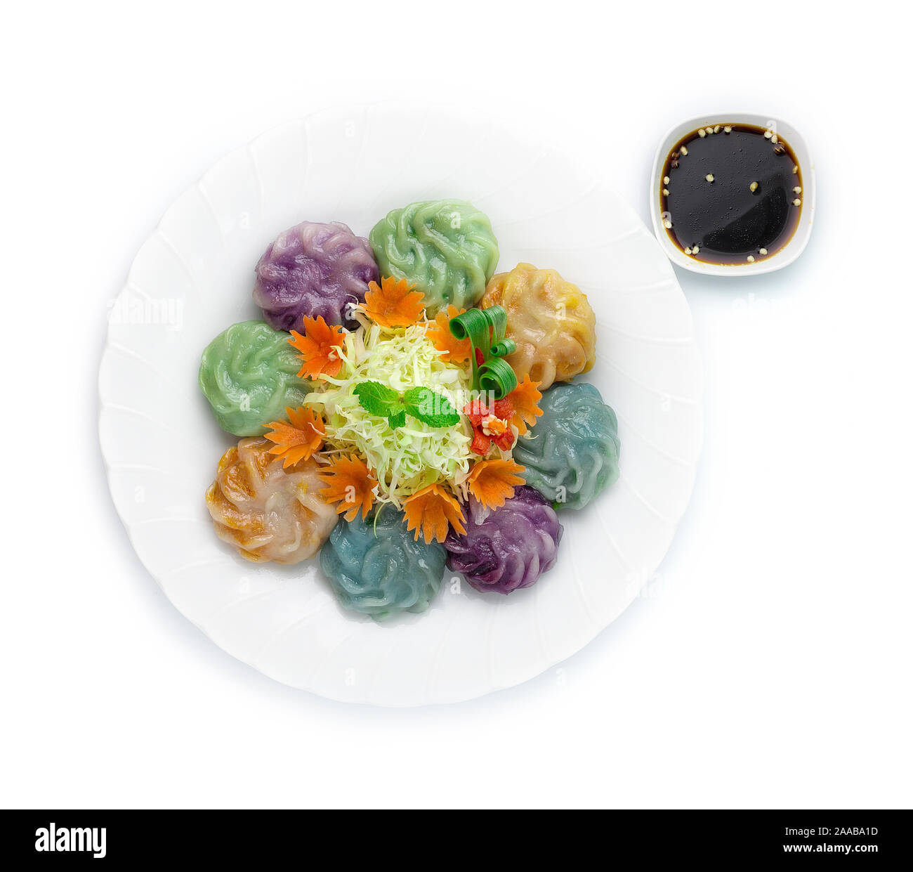 Chinese chives Dumplings Mixed Color or Garlic Chives Dim Sum Rice Cake inside with Taro Slice ,Bamboo shoot ,garlic  chives cutlet Steamed Served Swe Stock Photo
