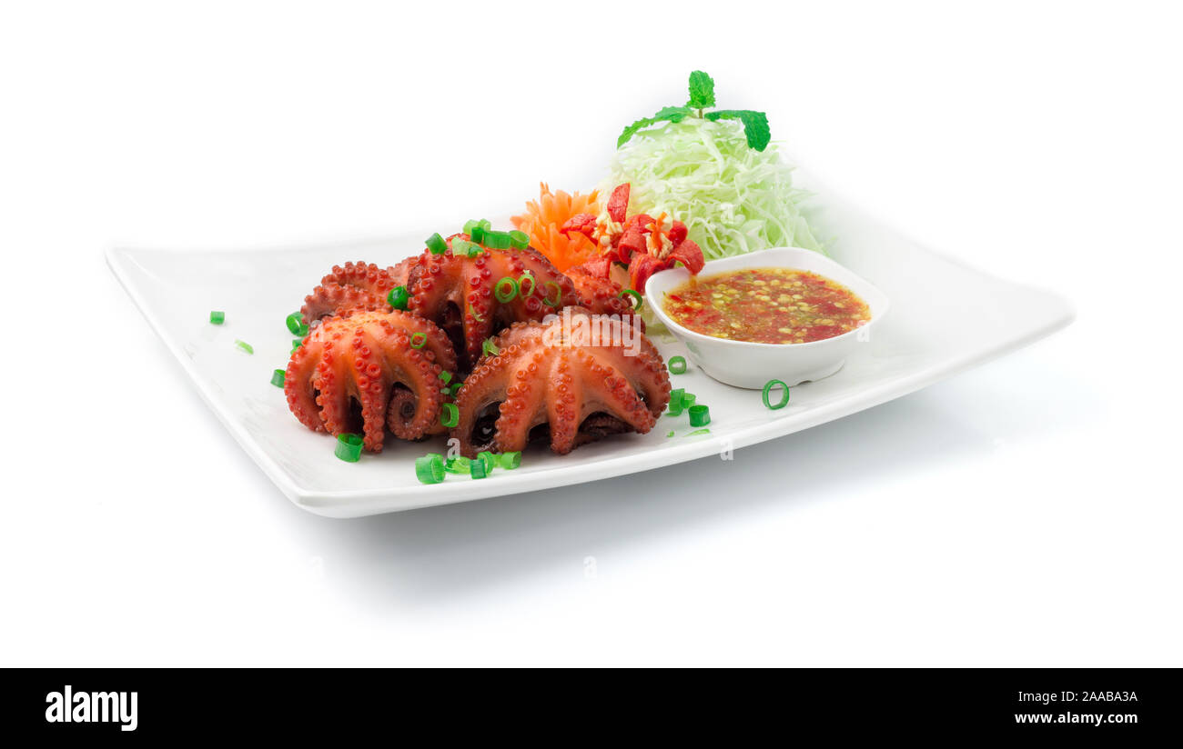 Octopus fried in soy sauce Served Seafood Spicy Sauce Appetizer Dish