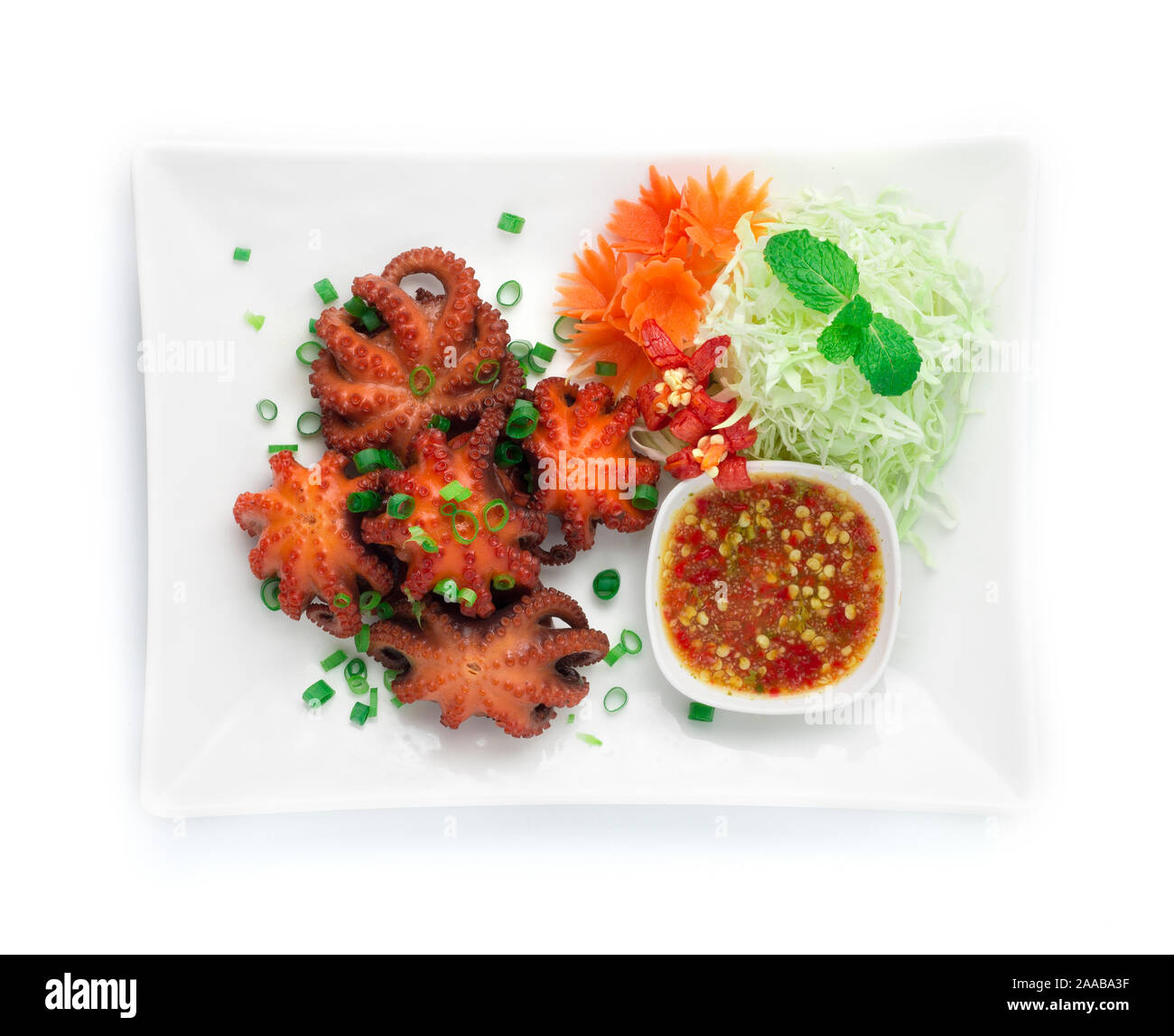 Octopus fried in soy sauce Served Seafood Spicy Sauce Appetizer Dish