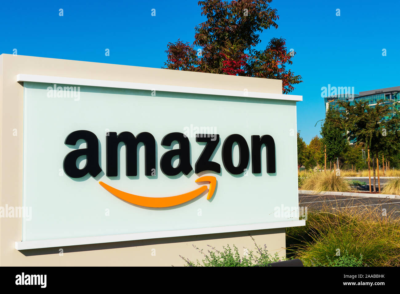 Amazon logo with its signature orange smile at Silicon Valley campus - Sunnyvale, California, USA - 2019 Stock Photo