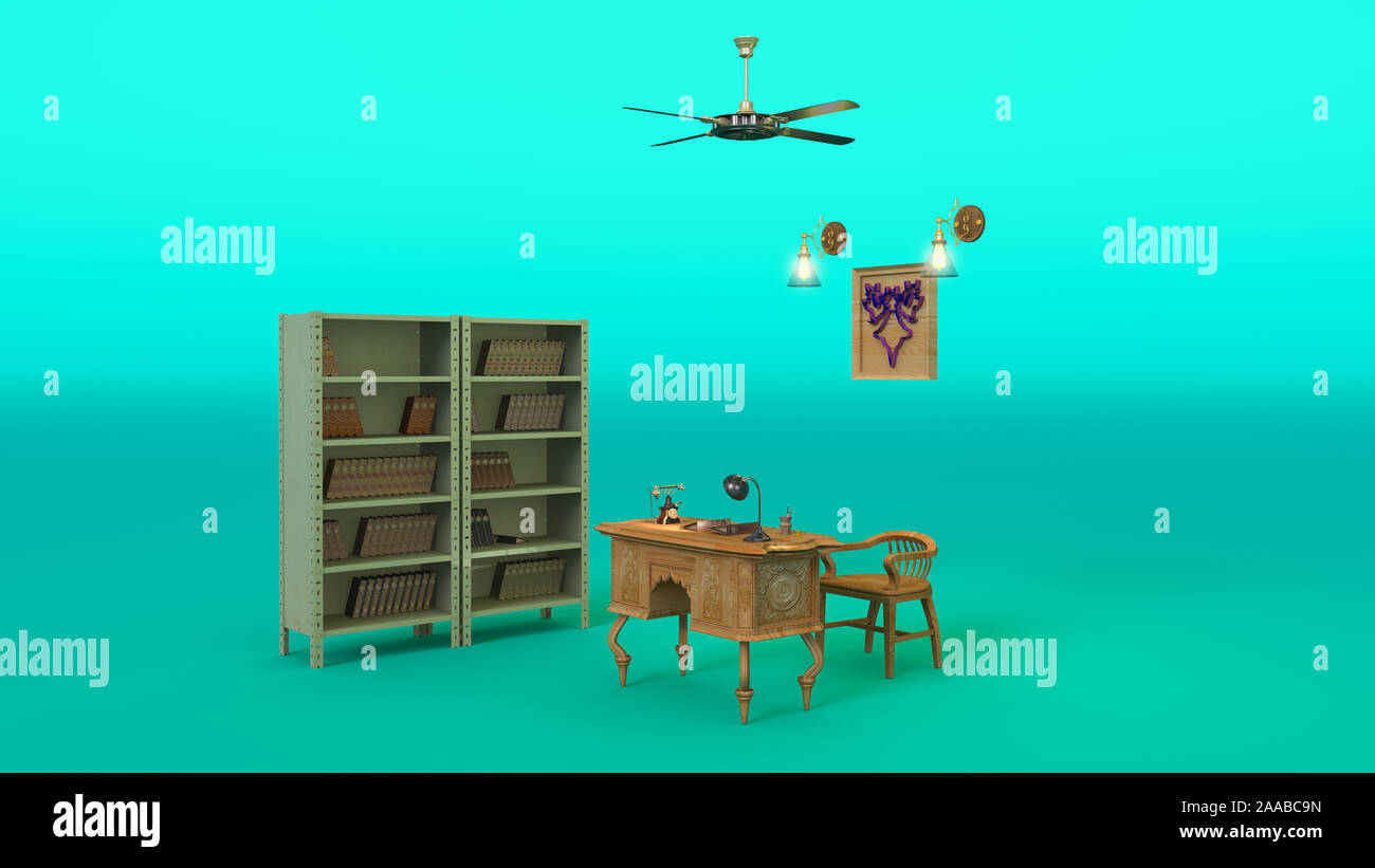 Office with director's desk, vintage phone, file cabinet and other retro items, 3D RENDER. Stock Photo