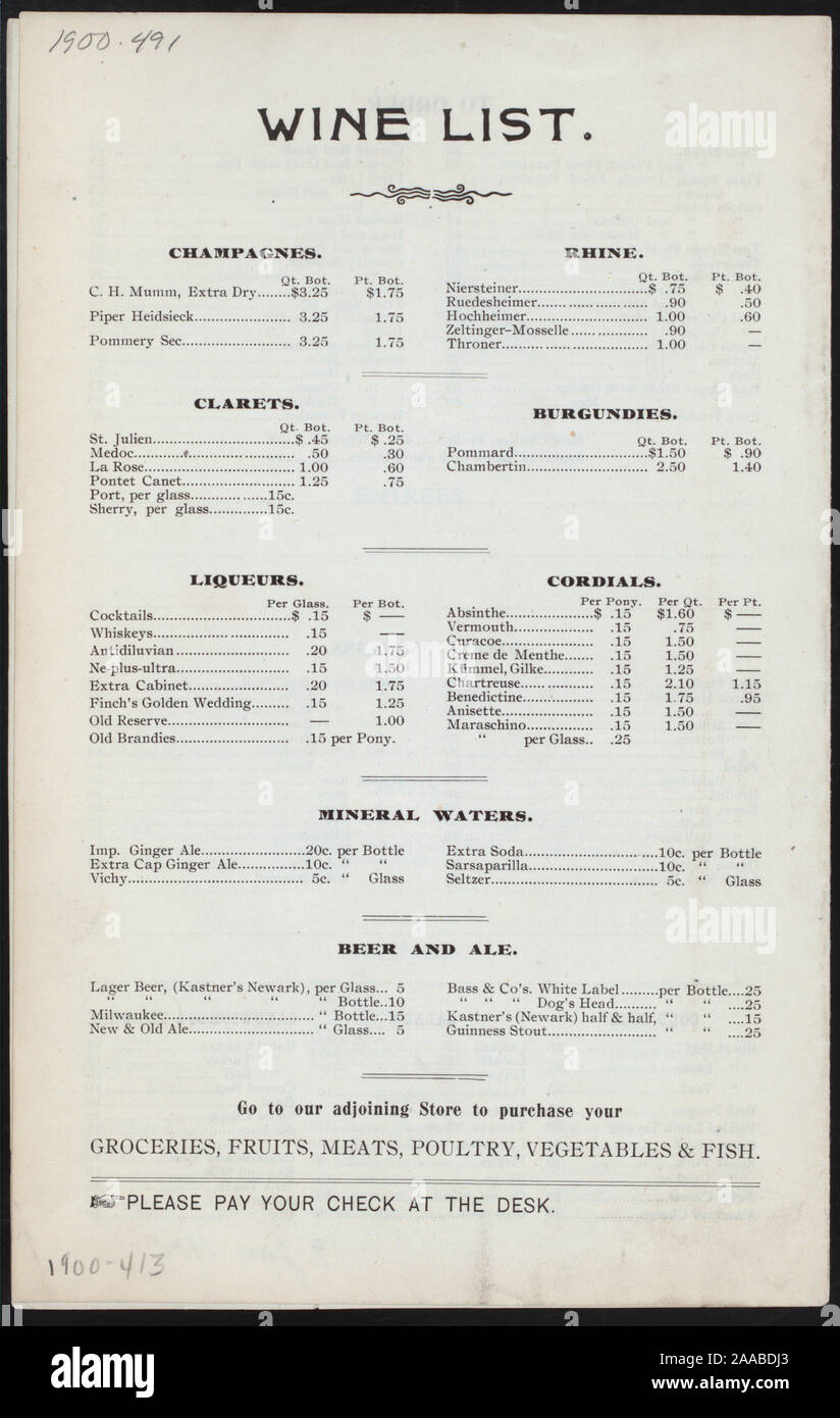 A LA CARTE MENU; PRICED WINE LIST; DAILY BILL OF FARE; [held by] BRANDES  BROS. LADIES' AND GENTS' RESTAURANT AND LUNCH ROOM; [at] 121 EAST  FORTY-SECOND STREET, NEW YORK, [NY]; (REST Stock