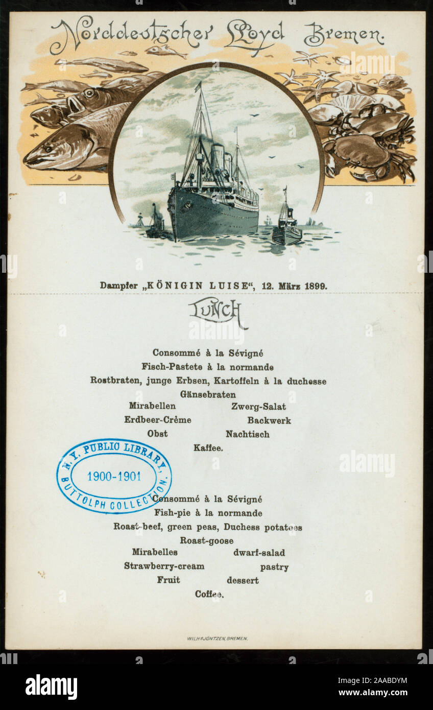 POSTCARD ATTACHED WITH PERFORATION FOR DETACHING;TWO LISTINGS,GERMAN AND ENGLISH;ONE OF THREE OF SAME DATE,MAY BE THE SIMPLEST OF THE THREE; 1899-0239; DAILY LUNCH; [held by] NORDDEUTSCHER LLOYD BREMEN; [at] KONIGIN LUISE; (SS;) Stock Photo