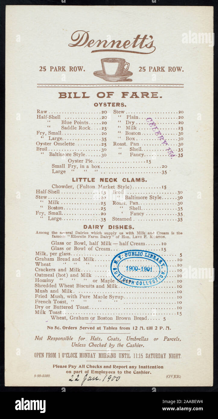 PRICED MENU; NOTE ABOUT PURITY OF WATER; DAILY MENU [held by] DENNETT'S ...