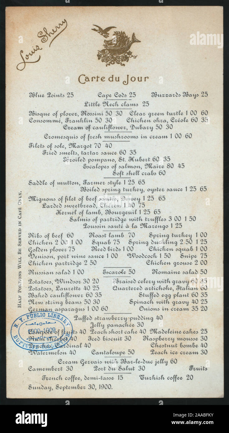 COMPLETE MENU ON BACK IN FRENCH; DAILY MENU [held by] LOUIS SHERRY [at] NY (REST Stock Photo Alamy