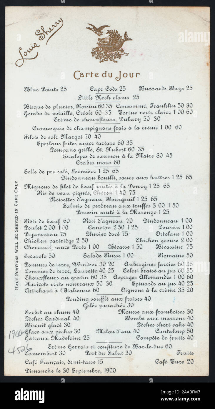 COMPLETE MENU ON BACK IN FRENCH; DAILY MENU [held by] LOUIS SHERRY [at] NY (REST Stock Photo Alamy
