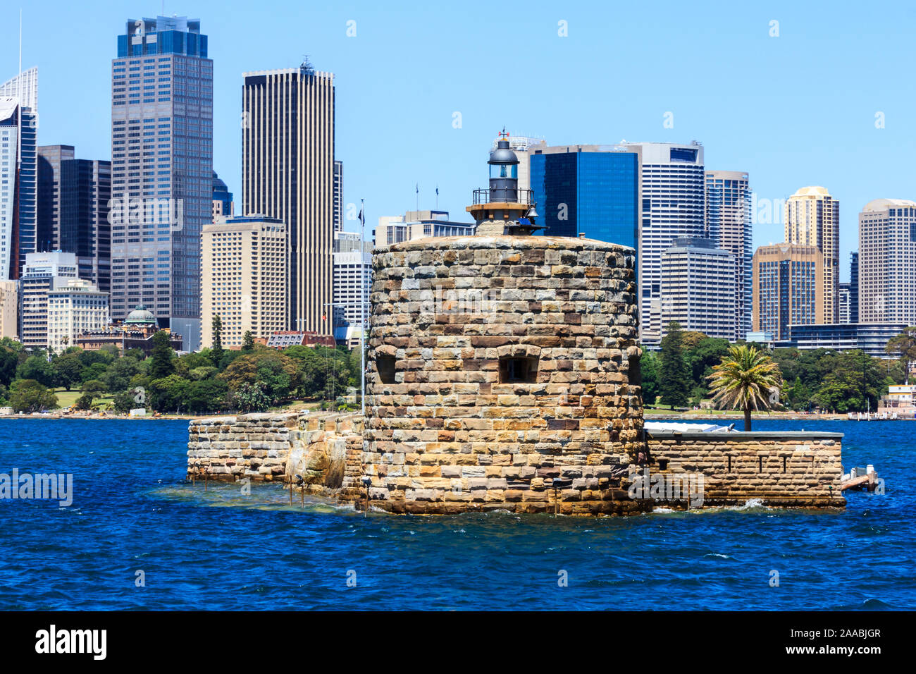 Fort Denison in Sydney harbour with the Central Busines District in the background Stock Photo