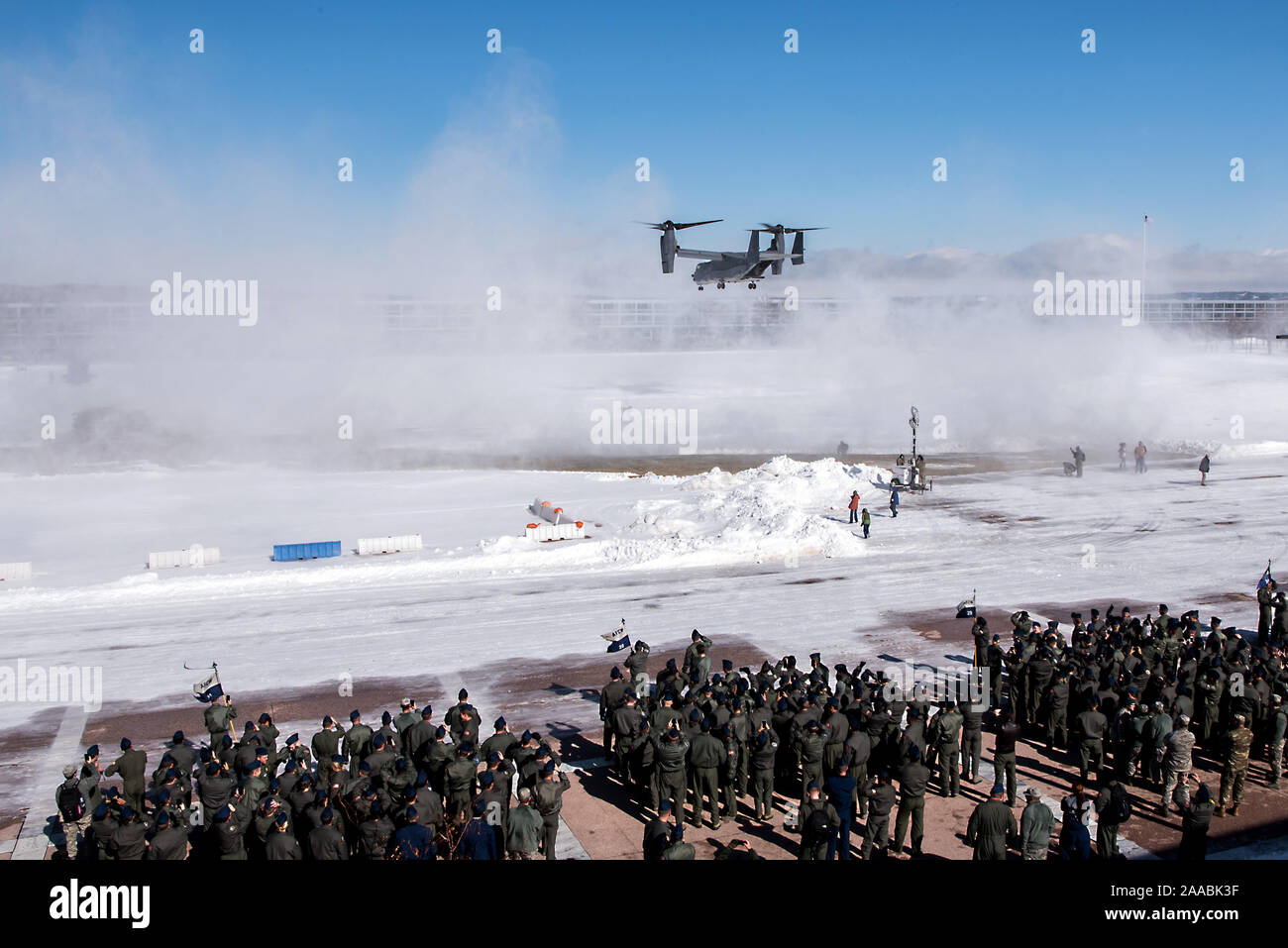 U.S. AIR FORCE ACADEMY, Colo. – A CV-22 Osprey creates a small blizzard as it lands on the U.S. Air Force Academy Terrazzo on Nov. 1, 2019 during an airpower demonstration. The demonstration included an assortment of aircraft from fighter jets to helicopters, including a CV-22 Osprey. (U.S. Air Force photo/Trevor Cokley) Stock Photo