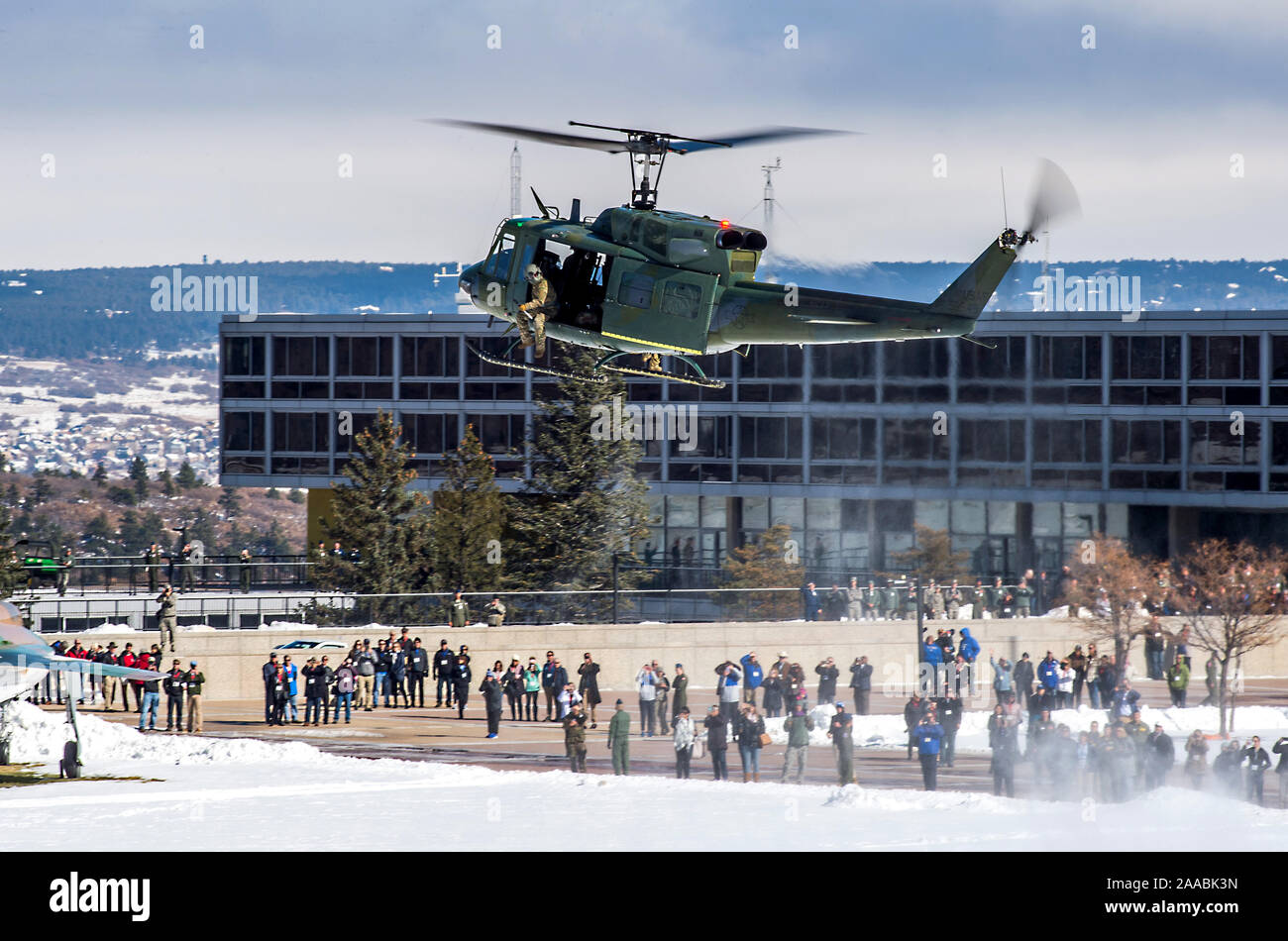U.S. AIR FORCE ACADEMY, Colo. –  A UH-1N helicopter lands on the U.S. Air Force Academy Terrazzo on Nov. 1, 2019 during an airpower demonstration. The demonstration included an assortment of aircraft from fighter jets to helicopters, including a CV-22 Osprey. (U.S. Air Force photo/Trevor Cokley) Stock Photo