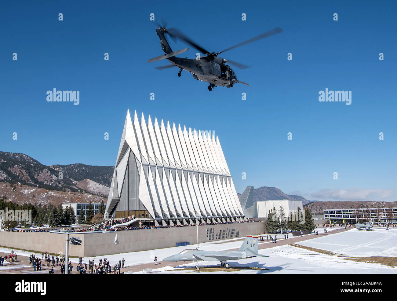 U.S. AIR FORCE ACADEMY, Colo. – A HH-60 helicopter flies over the U.S. Air Force Academy Terrazzo on Nov. 1, 2019 during an airpower demonstration. The demonstration included an assortment of aircraft from fighter jets to helicopters, including a CV-22 Osprey. (U.S. Air Force photo/Trevor Cokley) Stock Photo