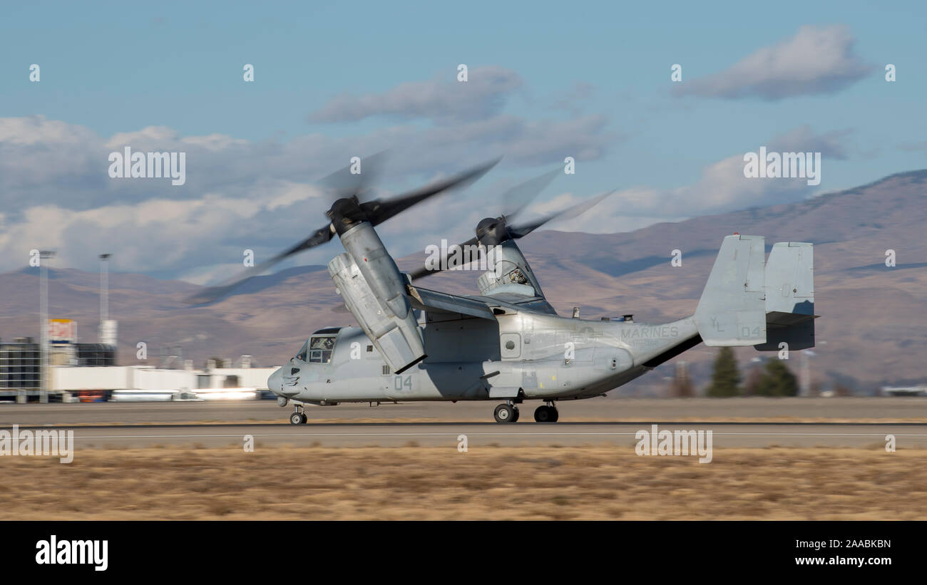 An Mv 22 Osprey From The Marine Medium Tiltrotor Squadron 362 Vmm 362 Based Out Of Marine Corps Air Station Miramar California Takes Off From Gowen Field Boise Idaho Nov 19 19 The Marines