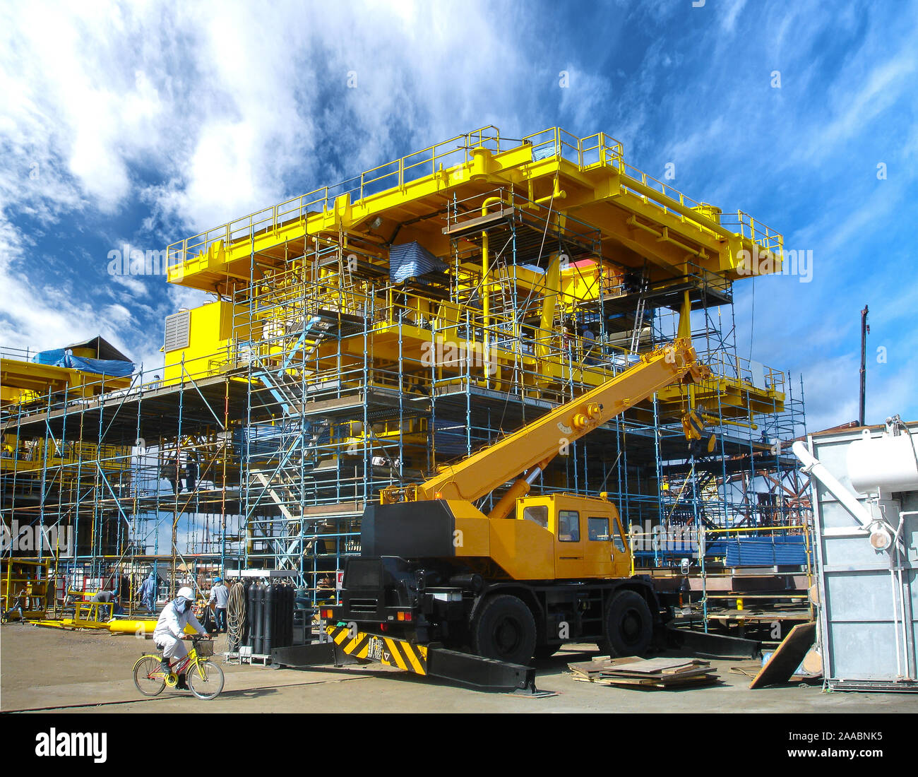 Offshore oil rig platform during construction site in the harbor yard. Stock Photo