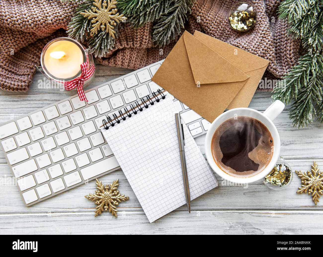 Flat Lay Christmas Home Office Desk With Pine Branches And