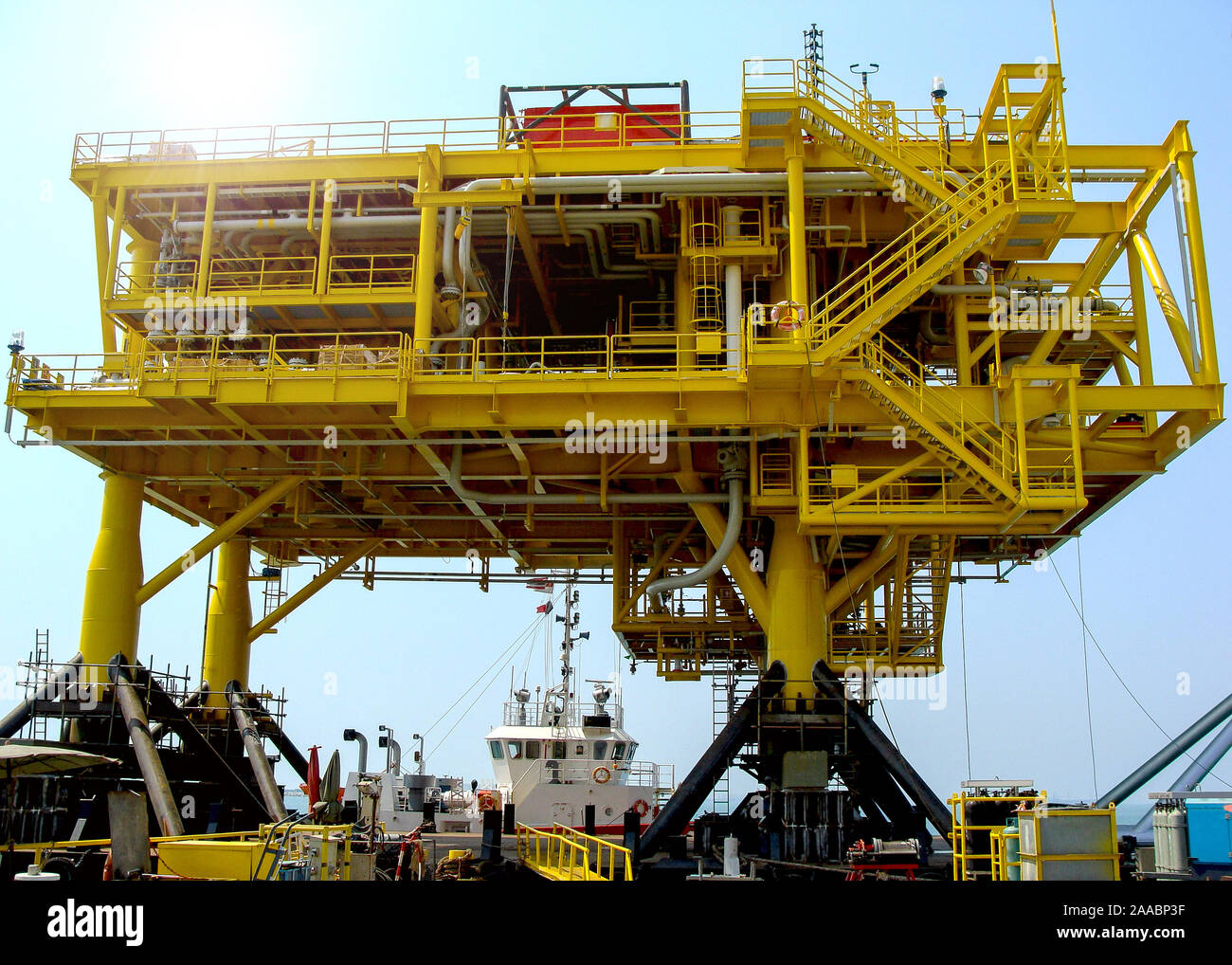 Offshore oil rig platform during construction site in the harbor yard. Stock Photo