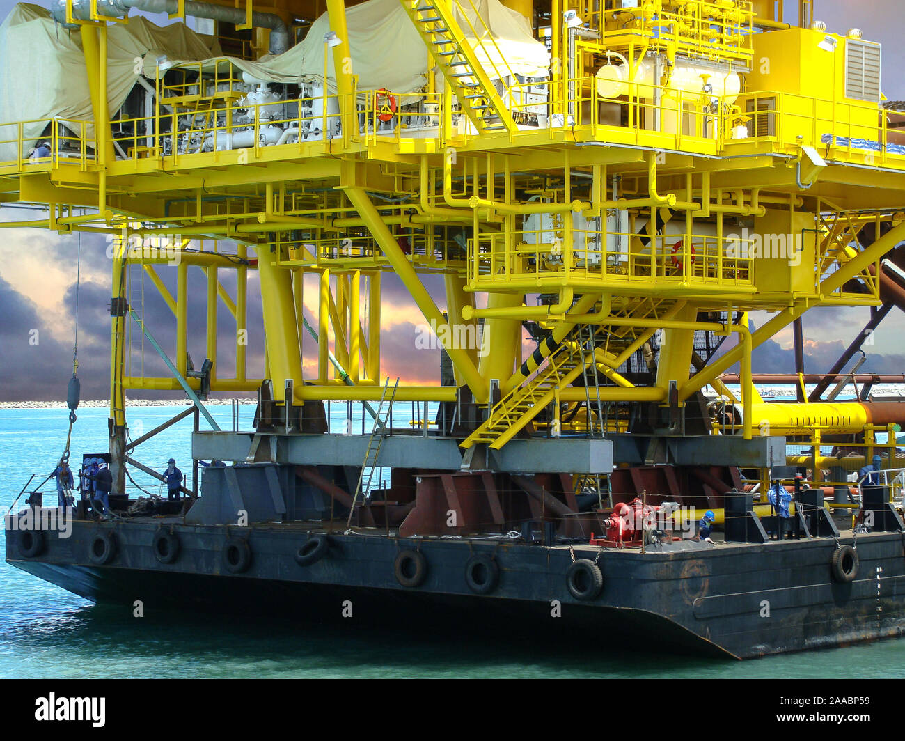 Offshore oil rig platform during construction site in the harbor yard ...