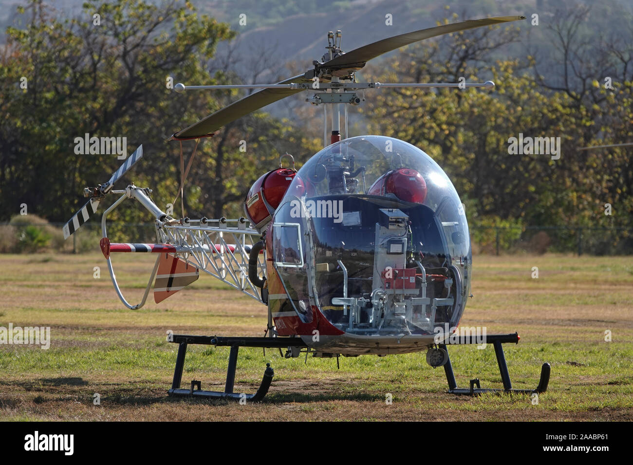 Sylmar, CA / USA - Nov. 9, 2019: A 1950 Bell 47D-1 helicopter is shown on display at the annual American Heroes Air Show in Los Angeles. Stock Photo