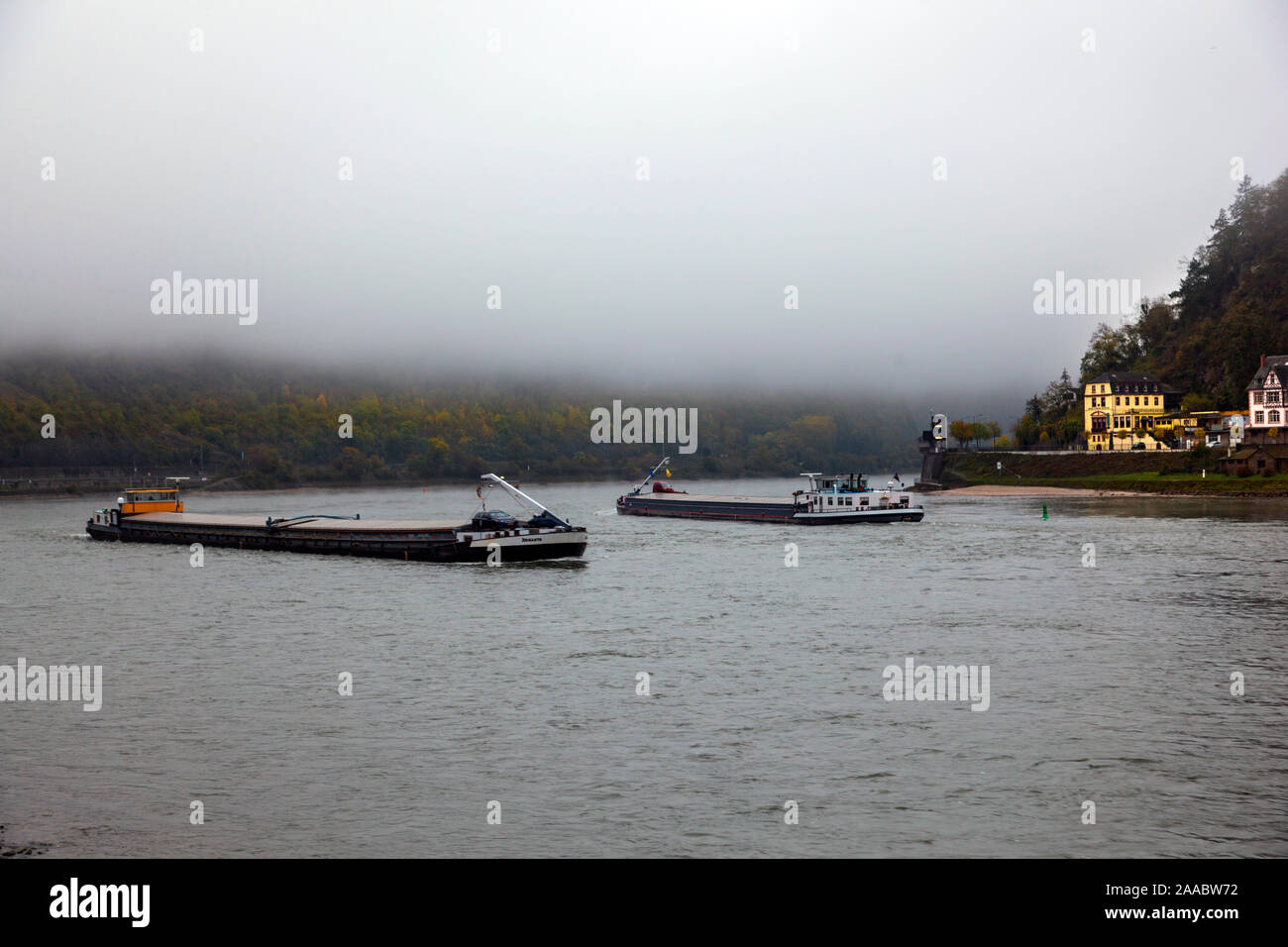 Rhine navigation in fog in St. Goar on the Loreley Stock Photo