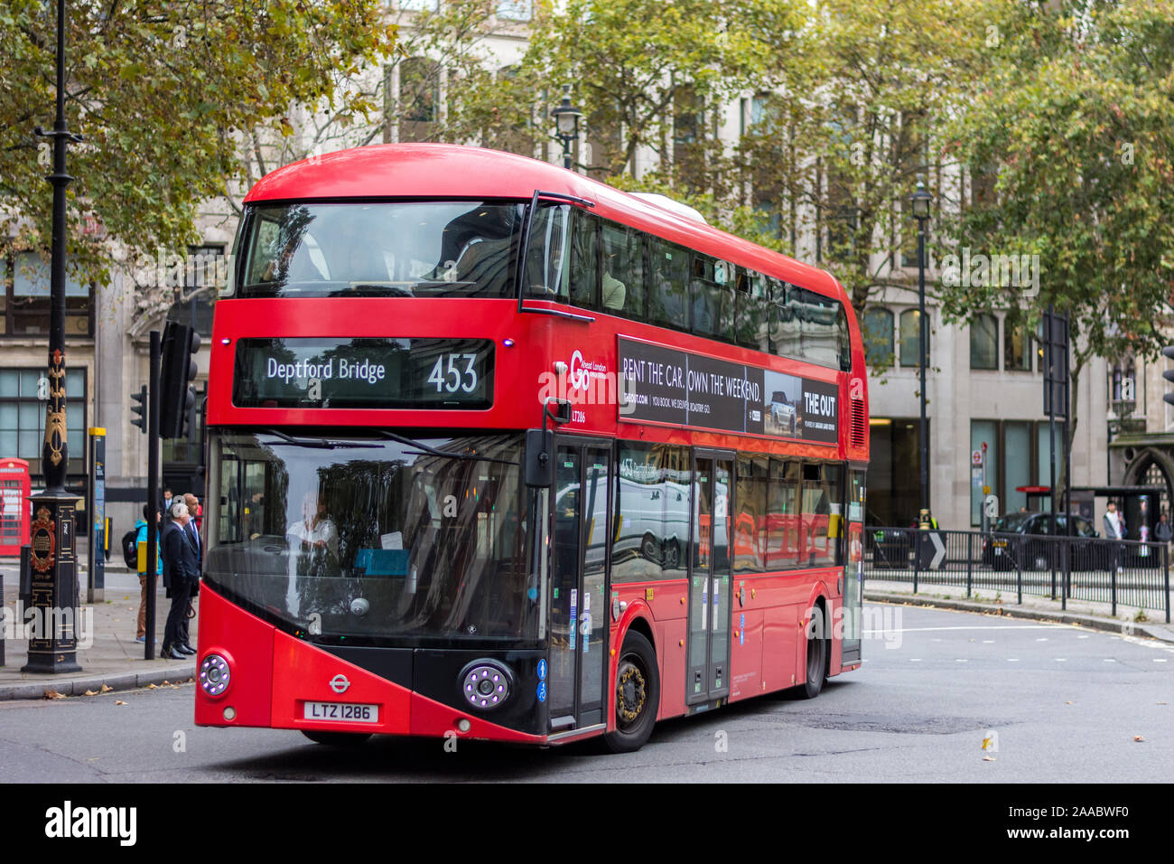 London, England –October 11, 2019:  Double deck routemaster bus, line 453 in central London Stock Photo