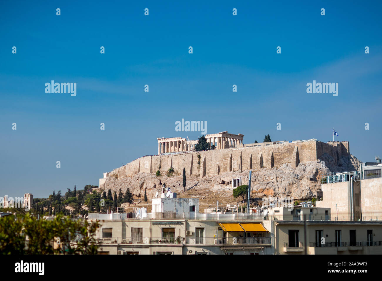 Athens, Greece: -October 28th, 2019: Akropolis and Parthenon as seen from central Athens Stock Photo