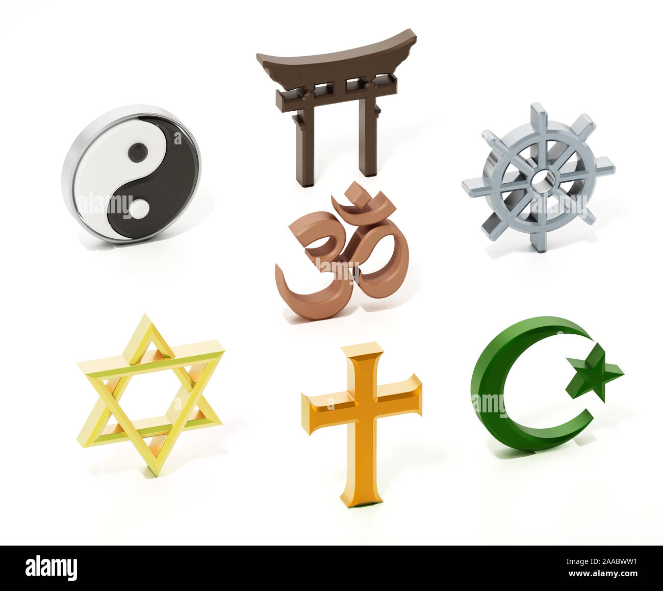 Spiritual and religious symbols isolated on white. 3D illustration. Stock Photo