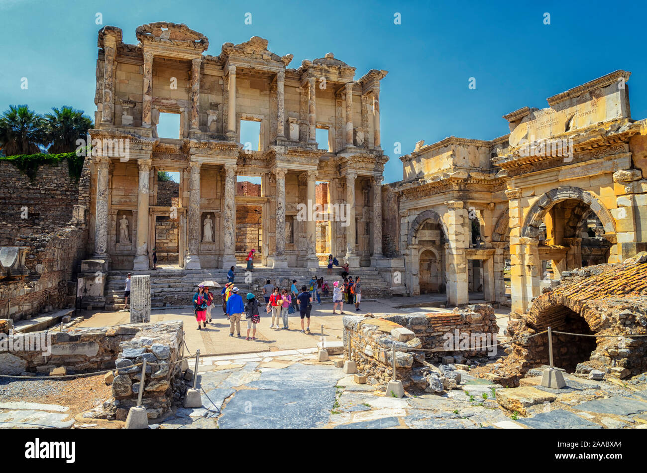 The front facade and courtyard of the Library of Celsus at Ephesus is ...