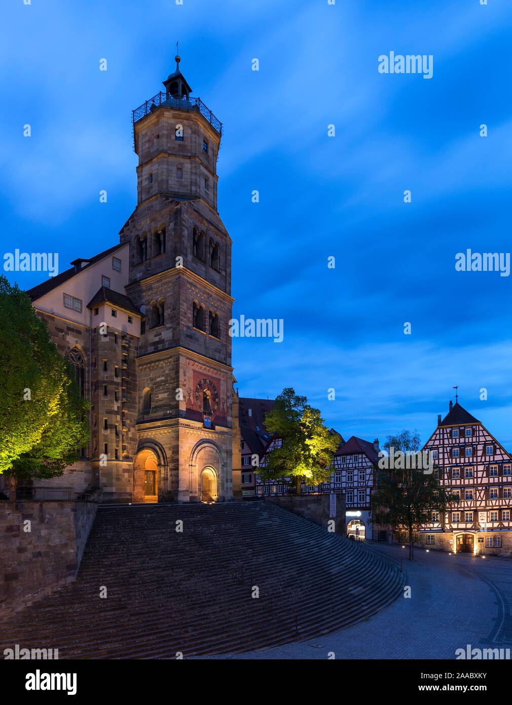 St. Michael with large open stairs at dusk, Schwabisch Hall, Baden-Wurttemberg, Germany Stock Photo