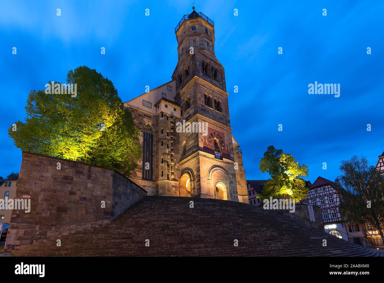 St. Michael with large open stairs at dusk, Schwabisch Hall, Baden-Wurttemberg, Germany Stock Photo