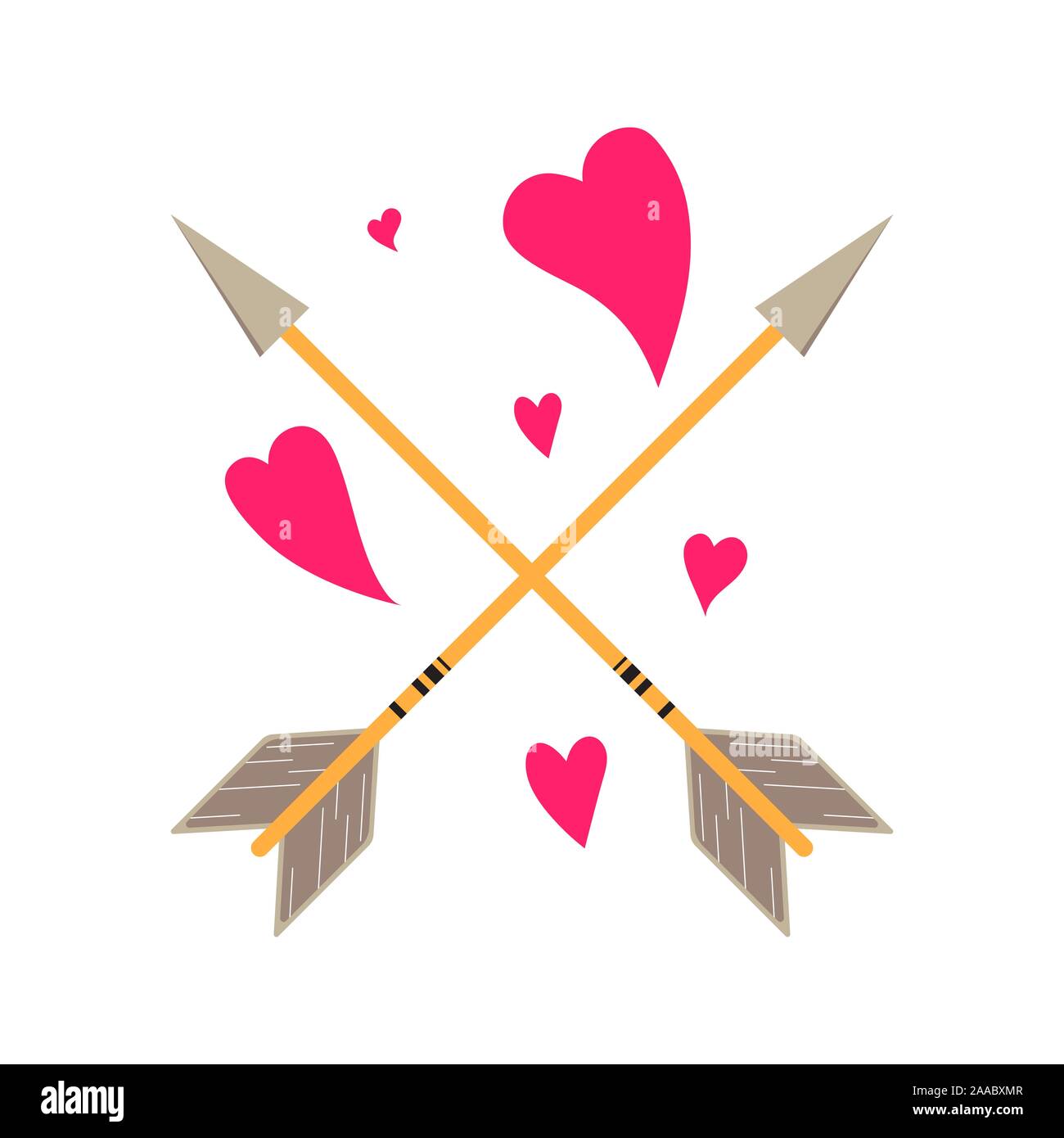 Flat style arrows with hearts, design elements in boho style for Saint Valentine's day and wedding, vector illustration. Cupid's bow and arrow as love Stock Vector