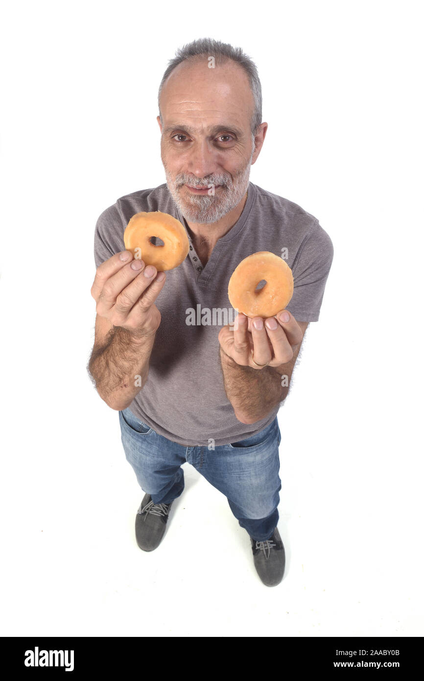 man with donut on white background Stock Photo - Alamy