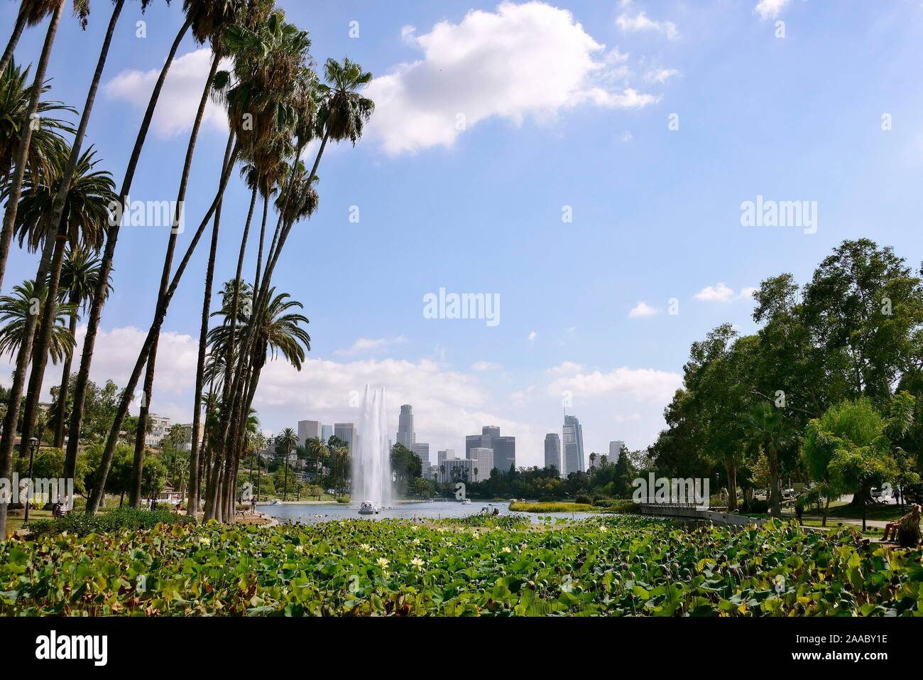 View from Echo Park to the skyline of downtown Los Angeles, California, USA Stock Photo
