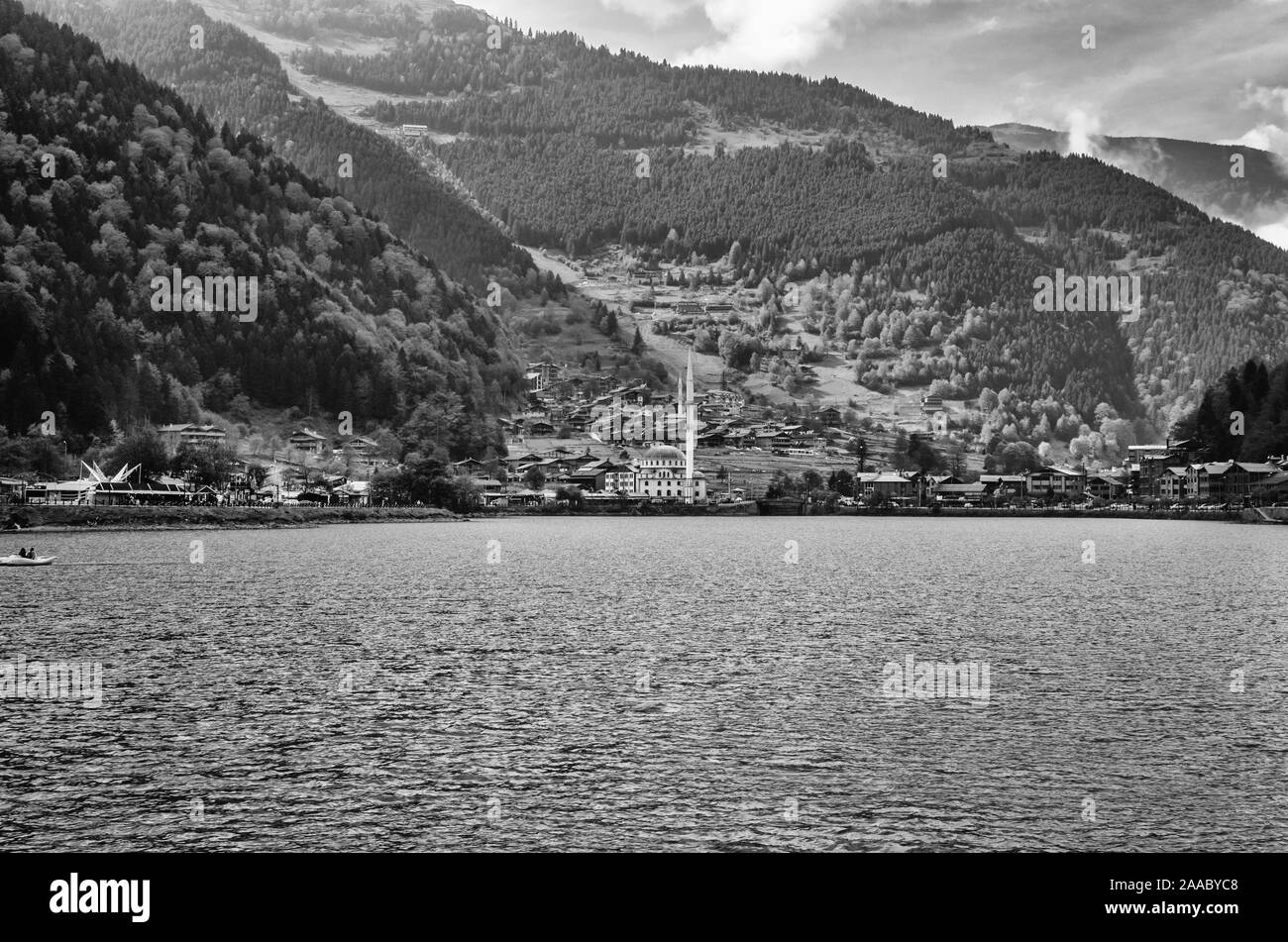 Mosque on the mountain lake Uzungol, Trabzon, Turkey Stock Photo