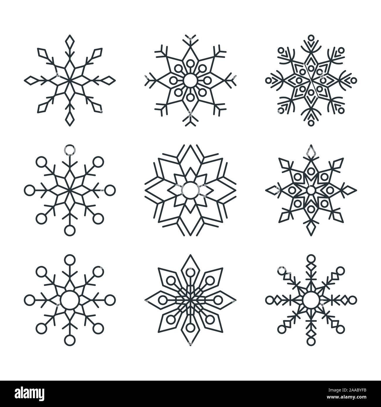 Set of elegant, openwork geometric vector snowflakes. Stock Vector