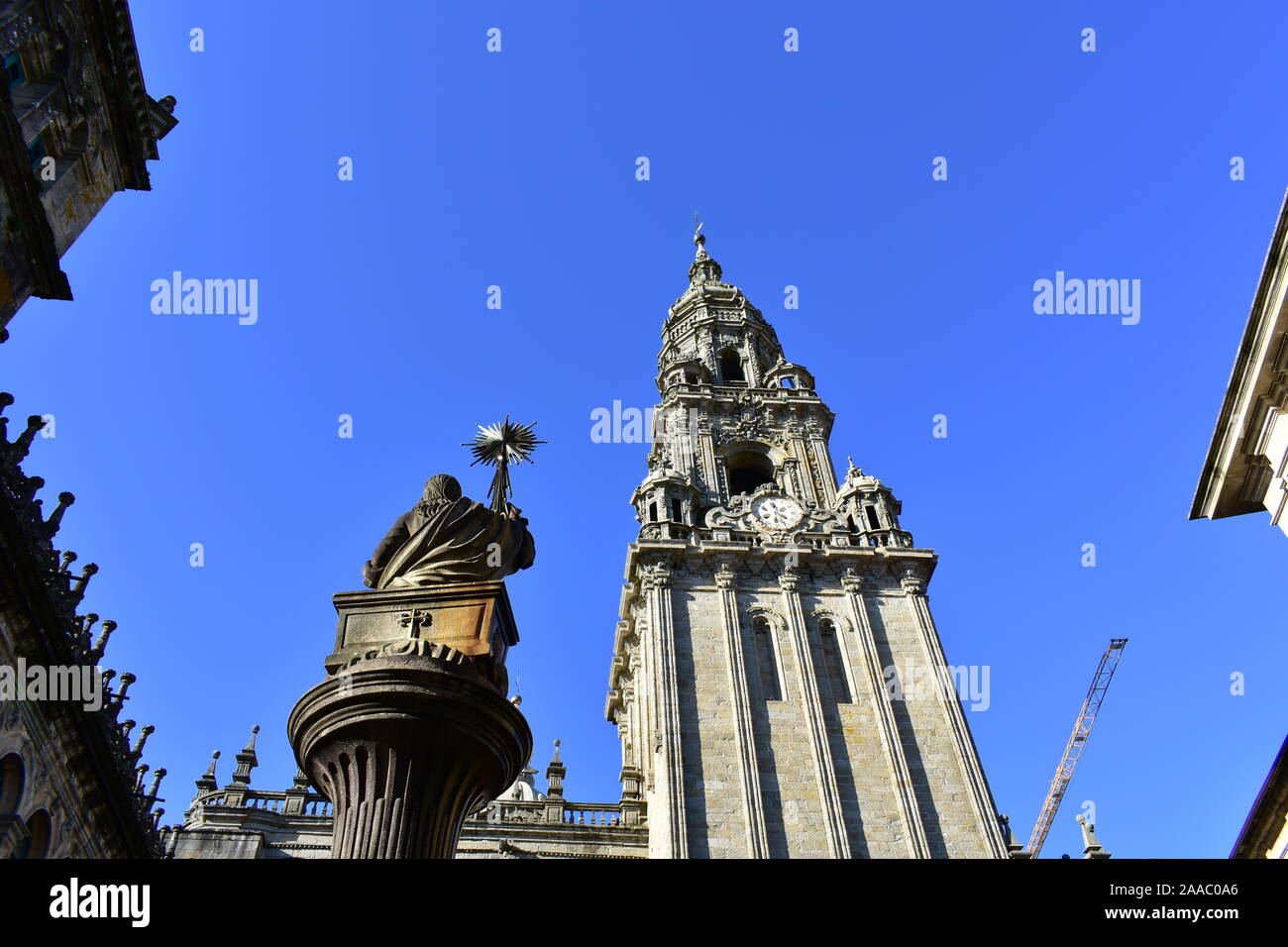 Cathedral, baroque clock tower and Platerias Fountain with Tomb of Apostle st James detail. Santiago de Compostela, Spain. Stock Photo