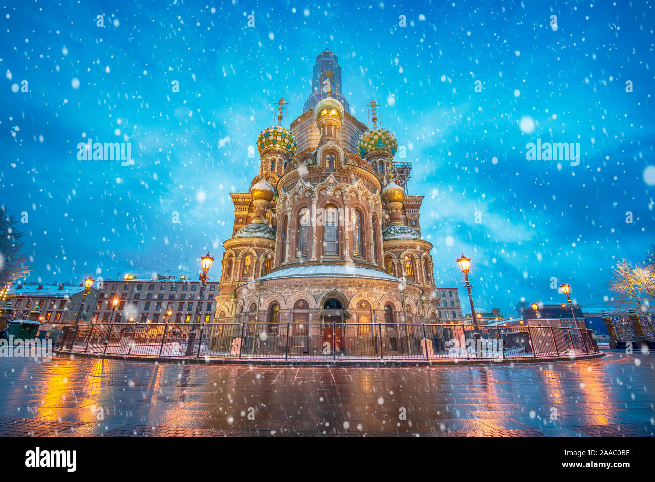 Church of Savior on Spilled Blood (Resurrection of Christ cathedral) and Griboedov Canal at frosty snow winter morning day, Saint Petersburg, Russia Stock Photo