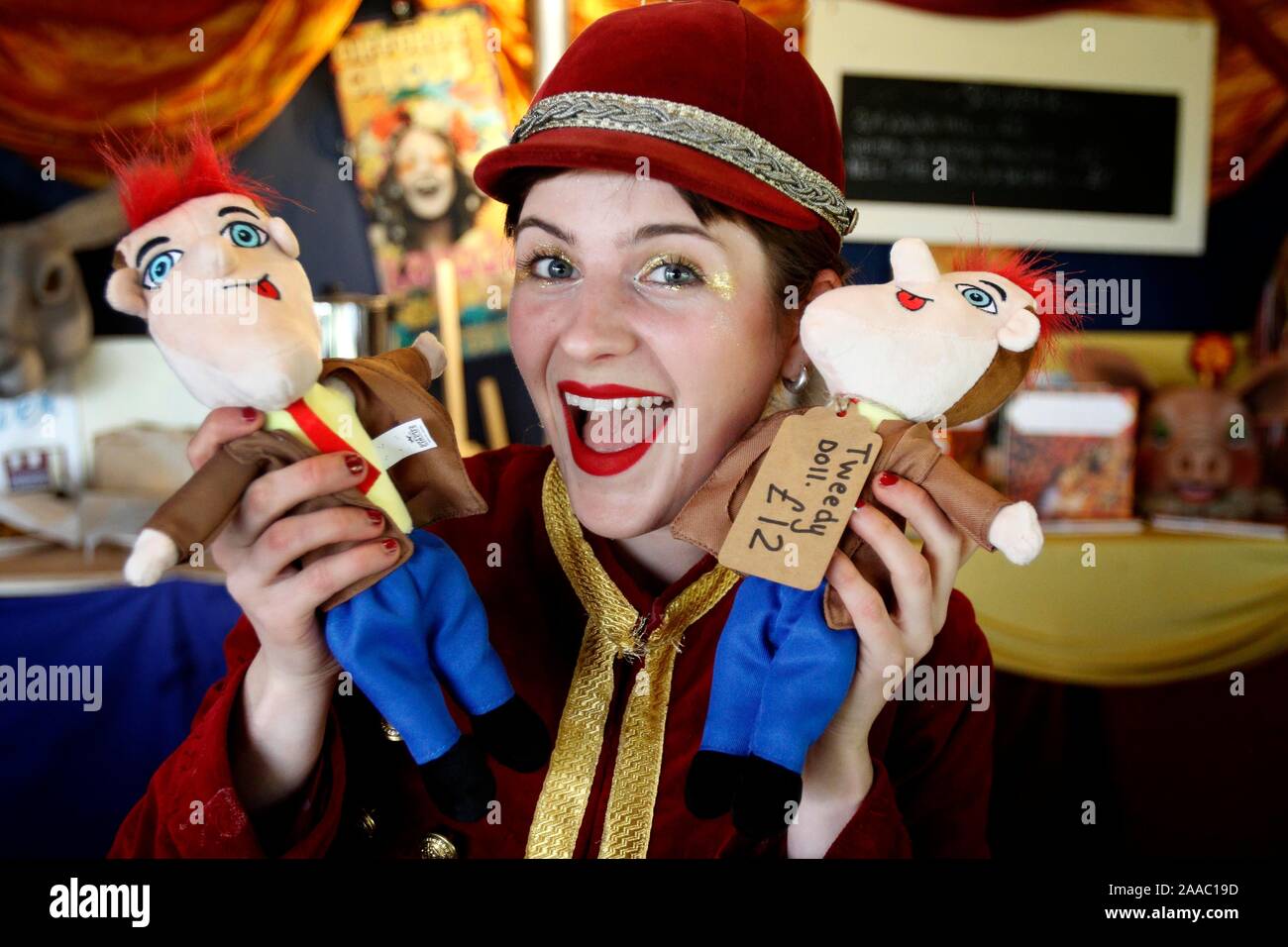 Hatty Staniforth, front of house girl, with the Tweedy the Clown dolls