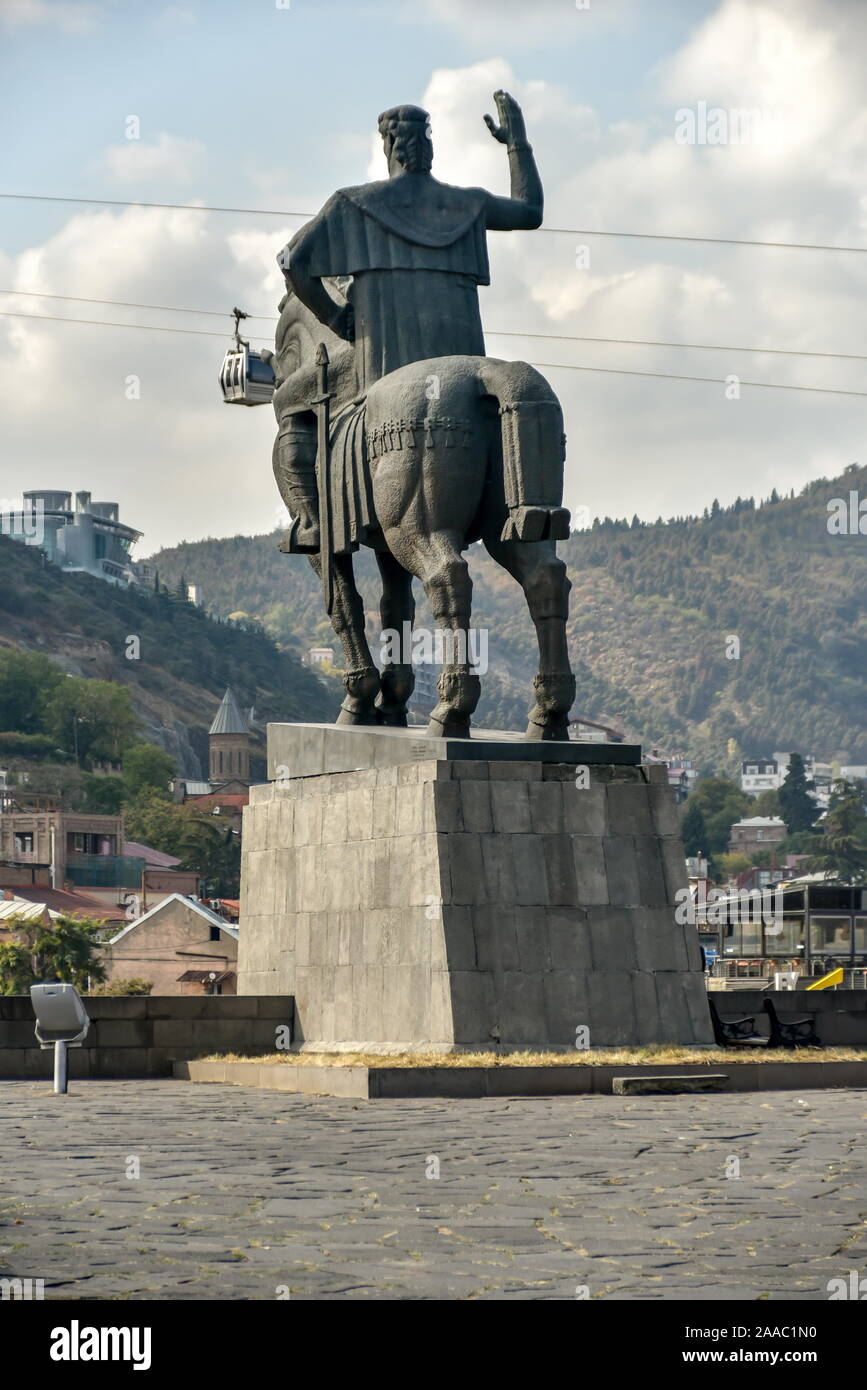 Old Tbilisi, Tbilisi, Georgia, October 17, 2019, Metekhi church and King Vakhtang Gorgasali on the horse monument in Tbilisi,famous landmark,Republic Stock Photo