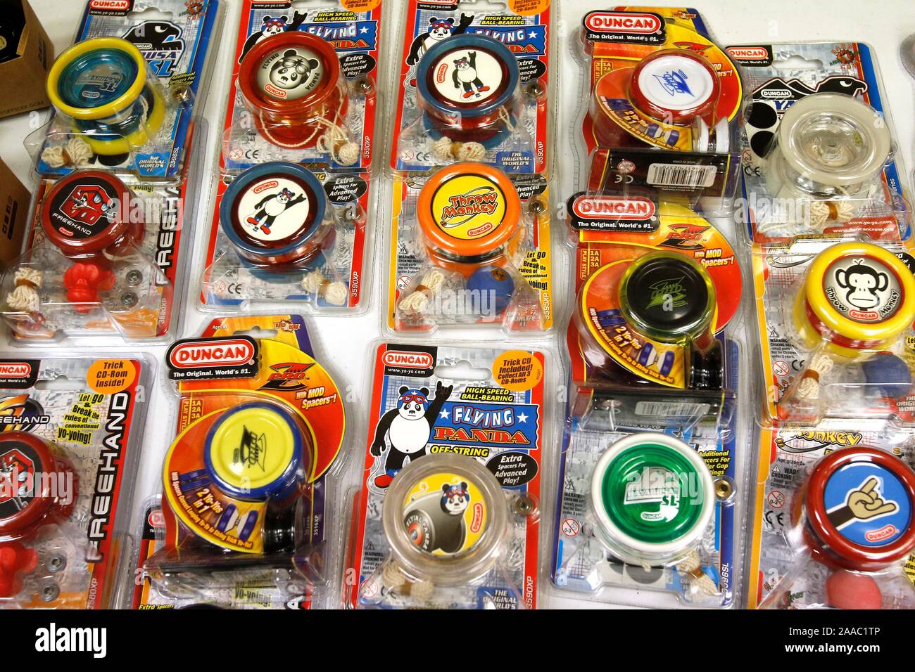 Some of the dozens of different yoyos on sale at the UK National Yo-Yo  Contest 2019, held at Wotton Hall Social Club, Barnwood Road, Gloucester,  on S Stock Photo - Alamy