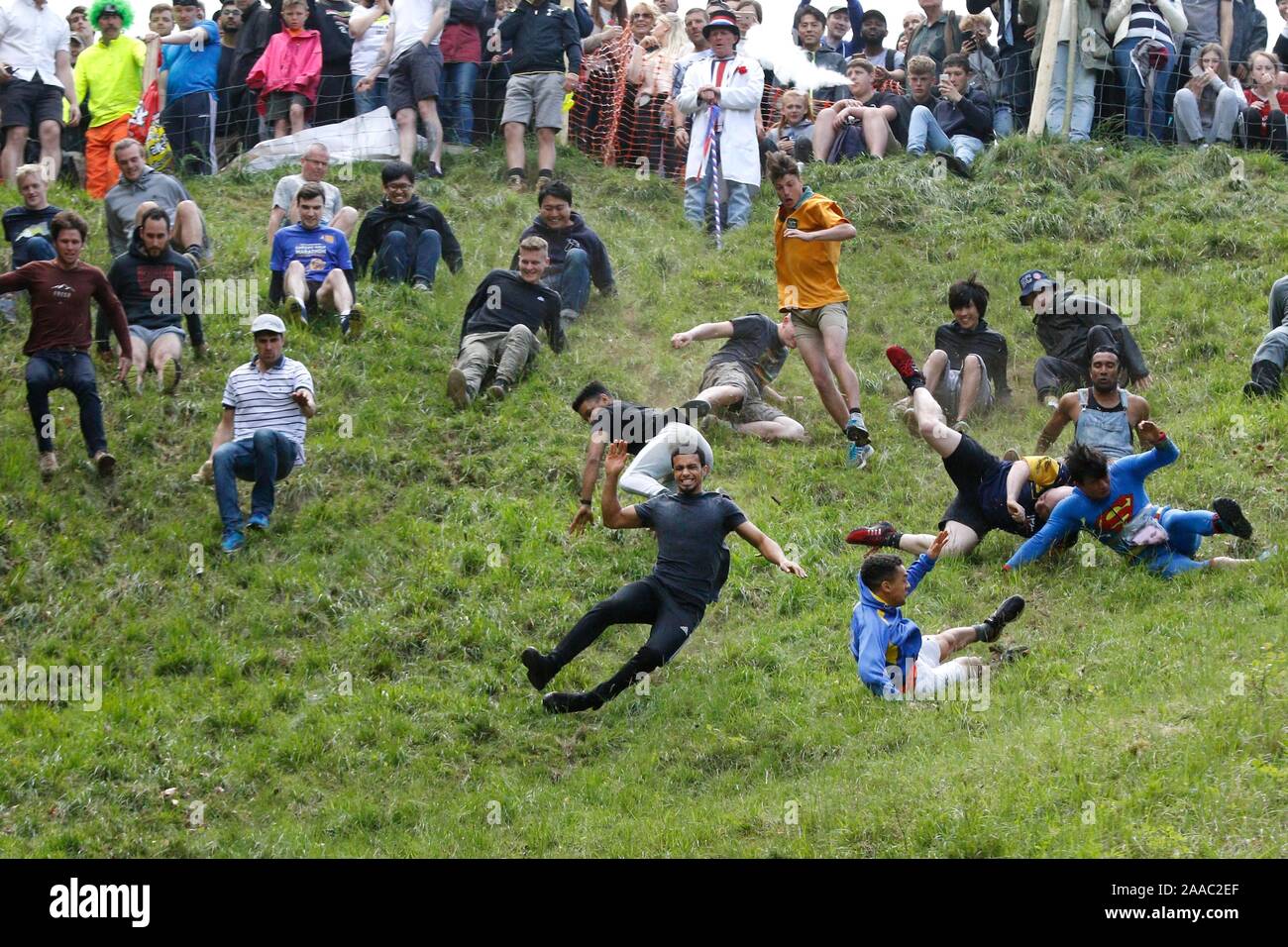 Cheese Rolling event on Cooper's Hill, near Gloucester, Gloucestershire,  Spring Bank Holiday 2019 Stock Photo - Alamy