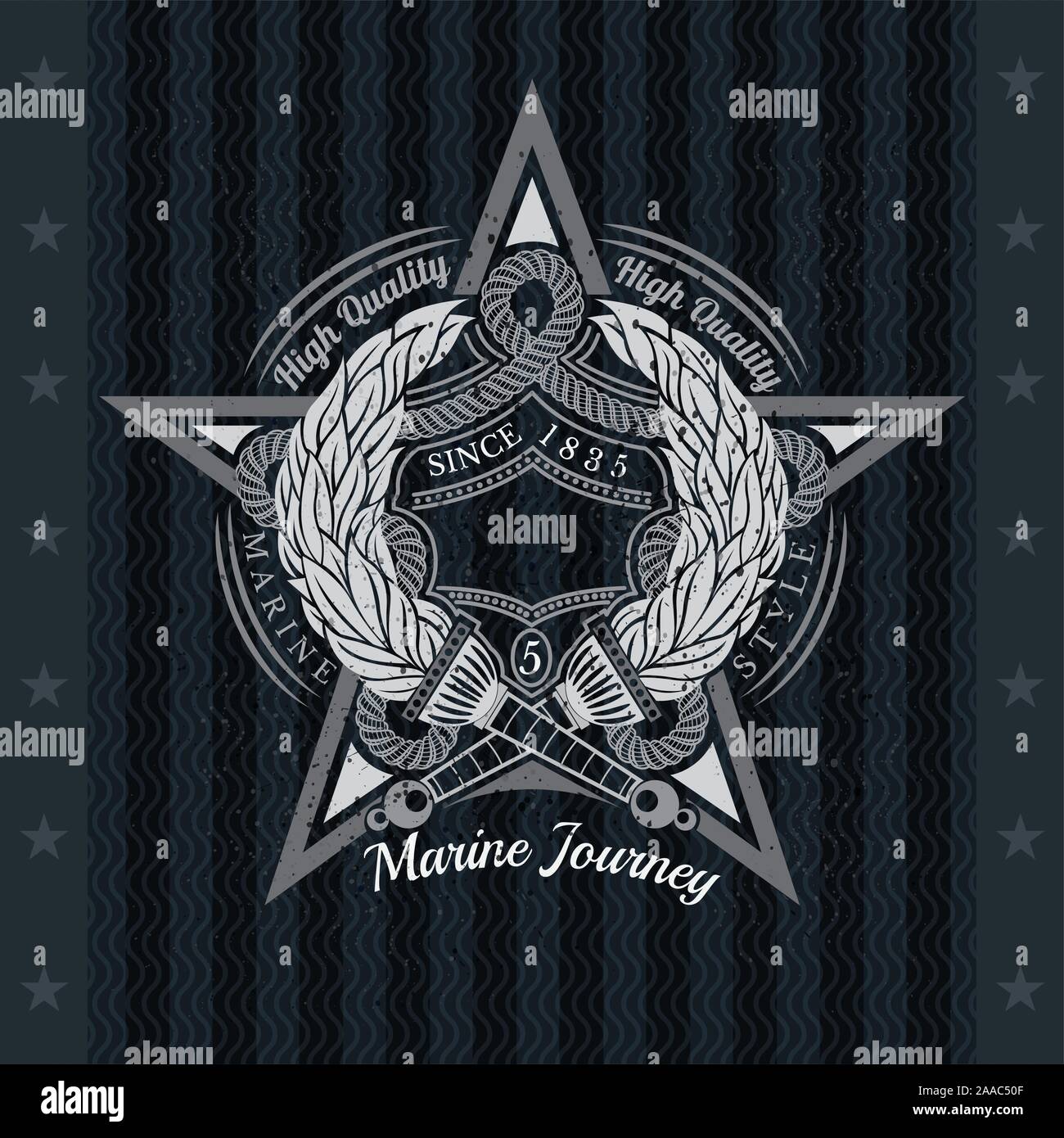 Big Star in Centre And Two Torch Cross Inside. Sea Vintage Label On Blackboard Stock Vector