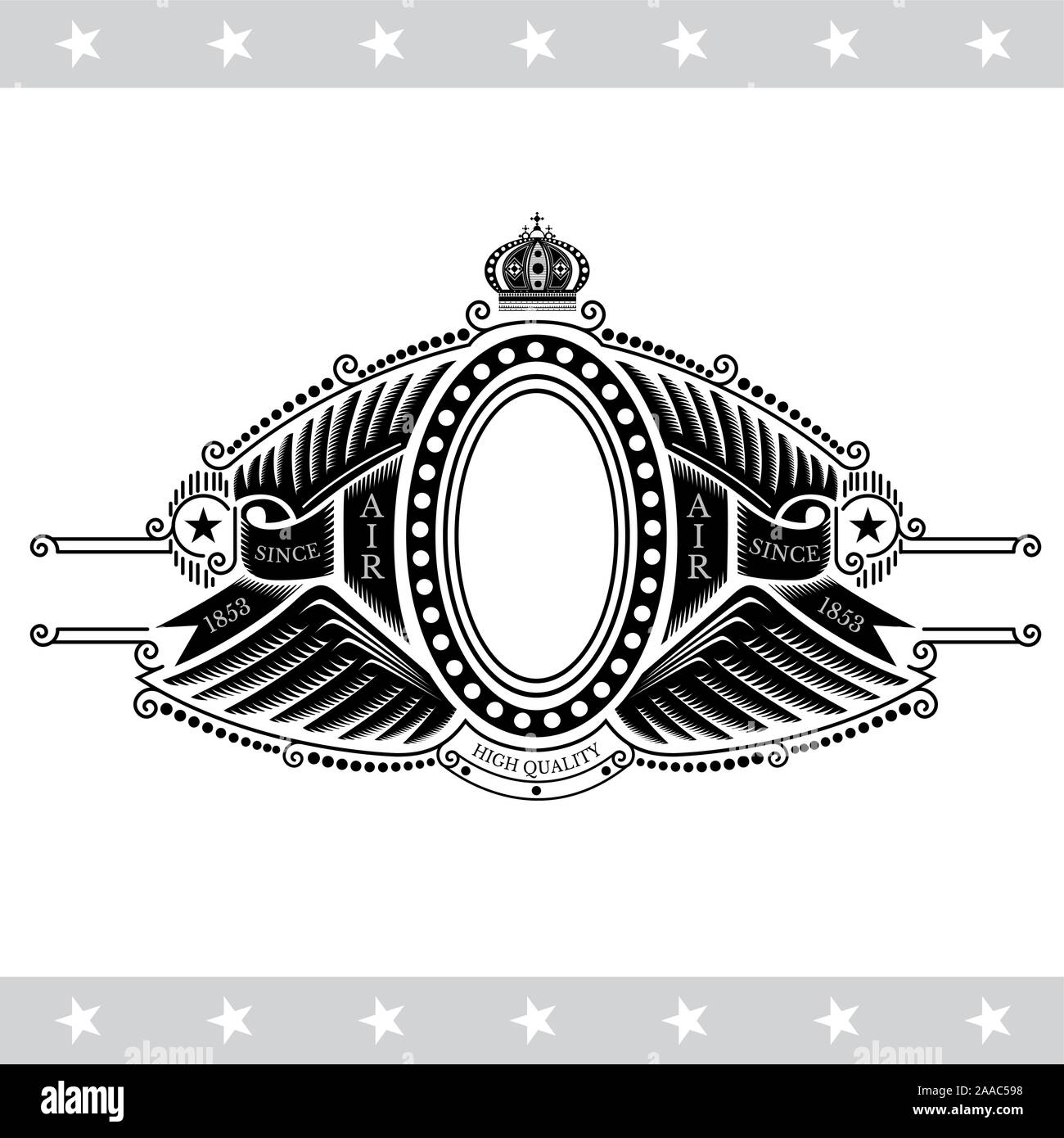 Oval frame in center of wings pattern. Heraldic vintage label on white Stock Vector