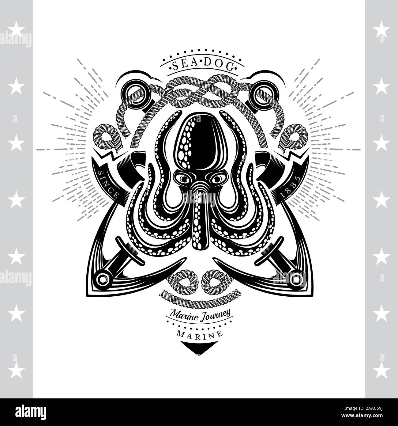 Octopus with Cross Anchors and Rope Behinde. Sea Vintage Black Label ...