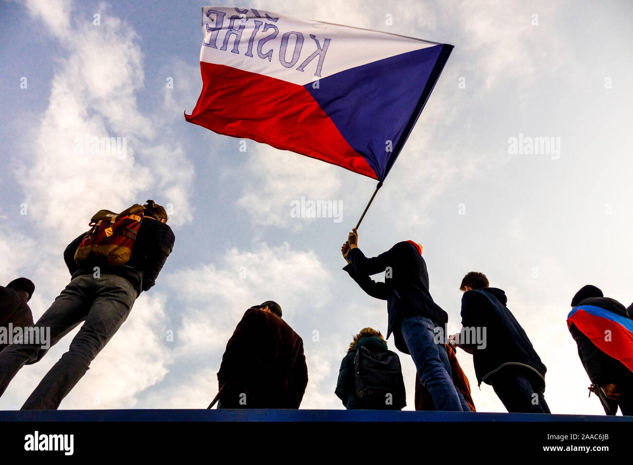 People from the Prague district of Kosire with a Czech flag at a demonstration against Babis, Letna Prague Czech Republic Stock Photo